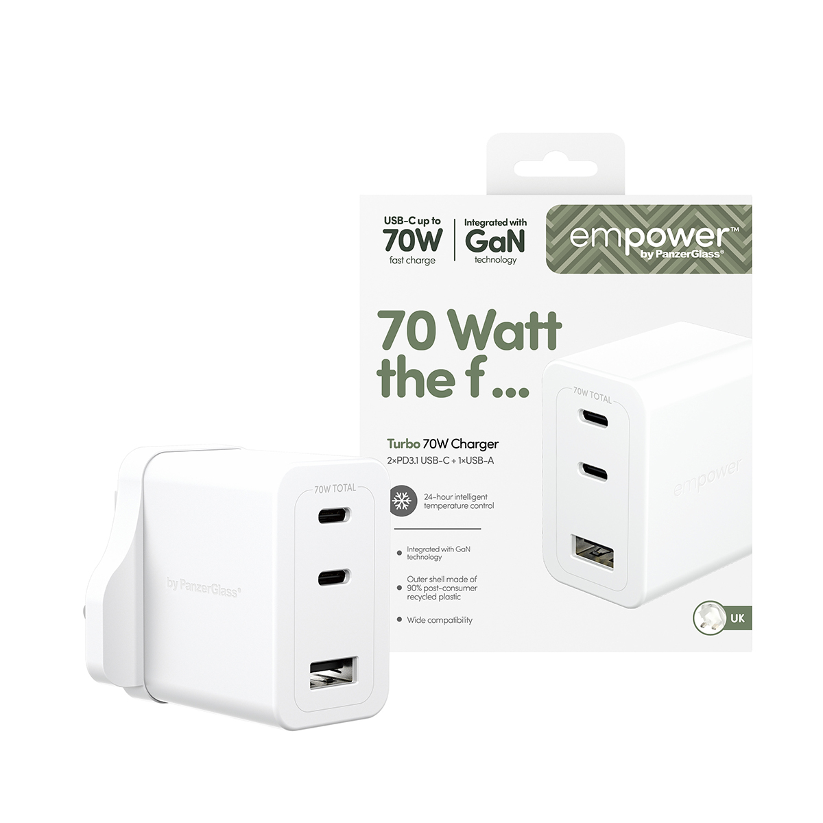 PanzerGlass empower™ by ® Turbo 70W Ladegarät inkl. 2 x USB-C + USB-A | UK Anschluss | Silber Weiß, Weiß