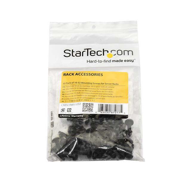 StarTech.com 50er-Pack 10-32 19mm Rackschrauben Set für 19 und 10 Zoll Serverracks, Netzwerkschränke und Gehäuse, Schwarz, TAA, Schraube, Schwarz, 50 Stück(e), 181 g