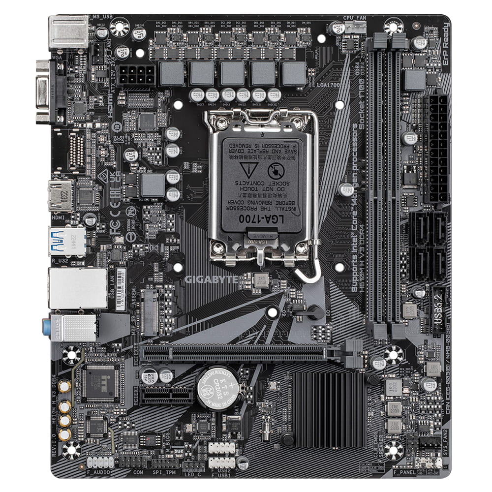Gigabyte H610M H V3 DDR4 Mainboard - Unterstützt Intel Core Prozessoren 14th CPUs, 4+1+1 Hybrid Phases Digital VRM, up to 3200MHz DDR4, 1xPCIe 3.0 M.2, GbE LAN, USB 3.2 Gen 1, Intel, LGA 1700, Intel® Celeron®, Intel® Core™ i3, Intel® Core™ i5, I