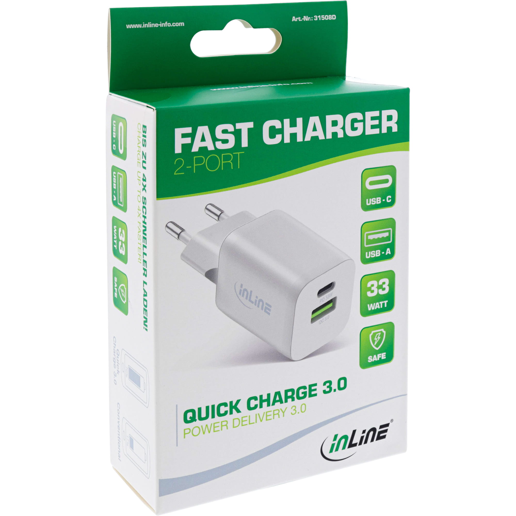 InLine Power Delivery + Quick Charge USB Netzteil - 33W - USB-A + USB-C - weiß