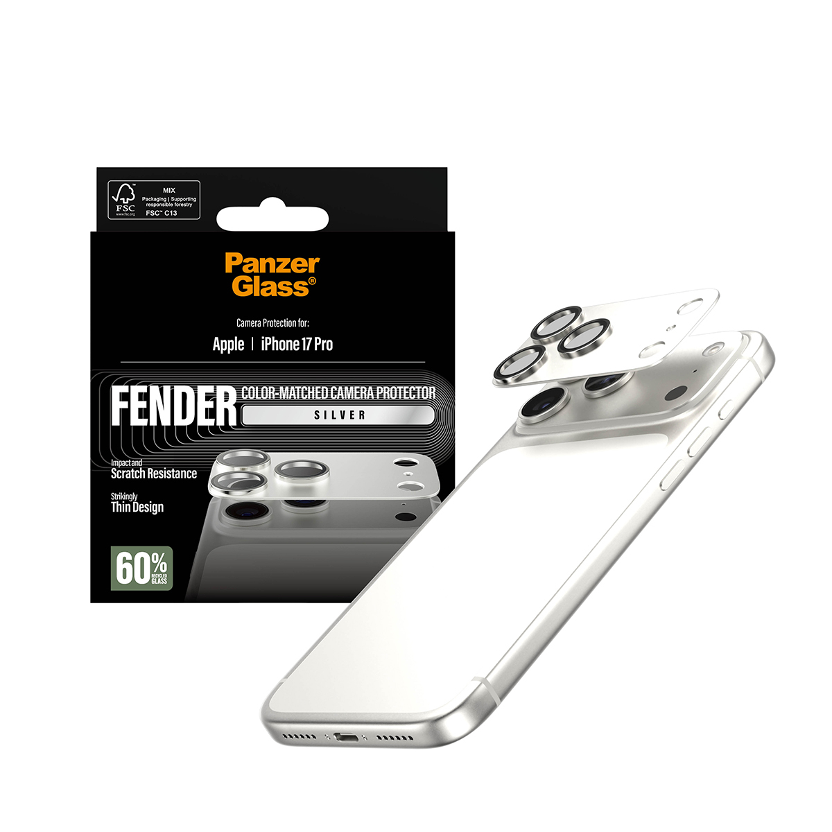 PanzerGlass ® Fender Kameraschutz Silber iPhone 17 Pro, Apple, Apple - iPhone 17 Pro, Trockene Anwendung, Kratzresistent, Schockresistent, Silber, 1 Stück(e)