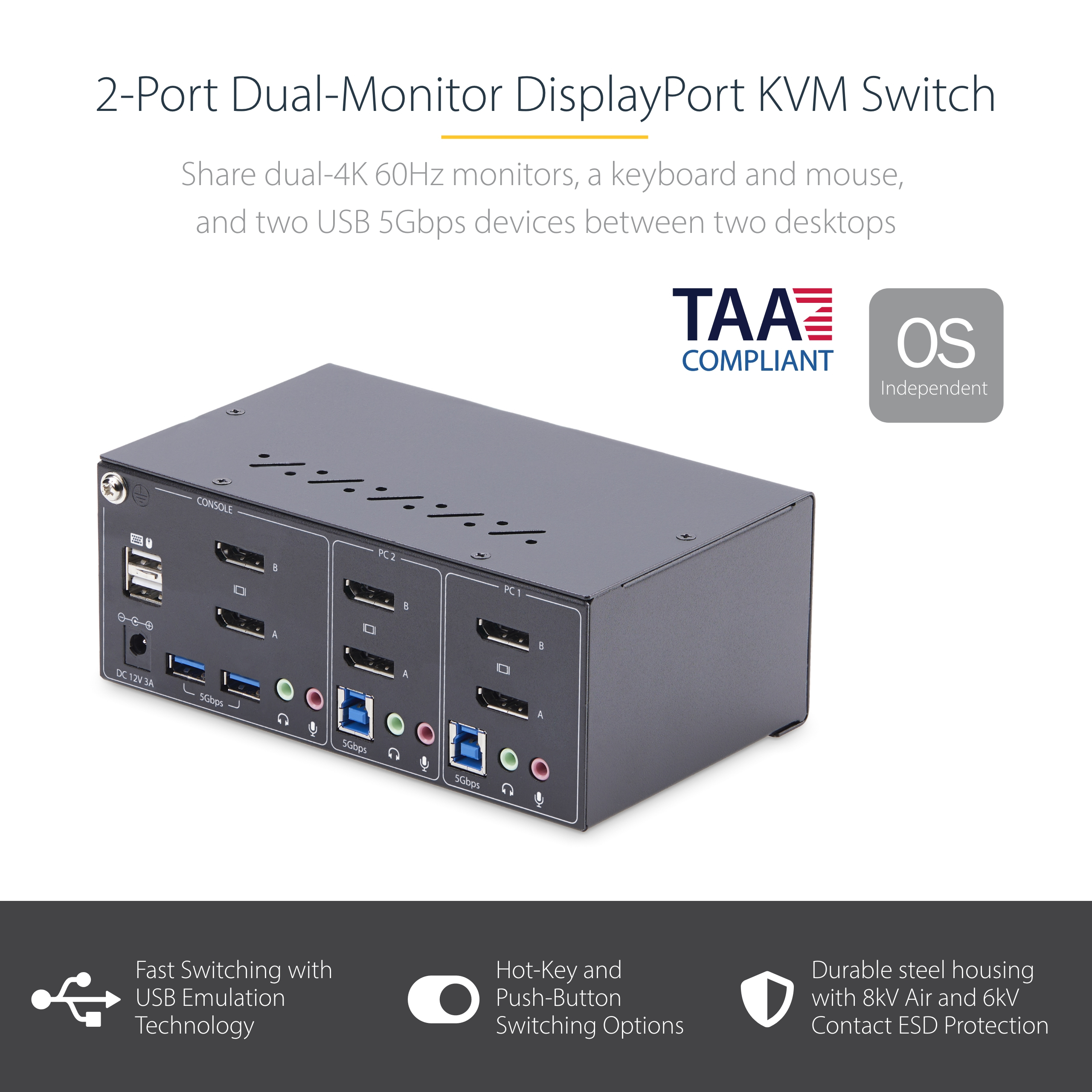StarTech.com 2-Port KVM Switch Dual Monitor DisplayPort