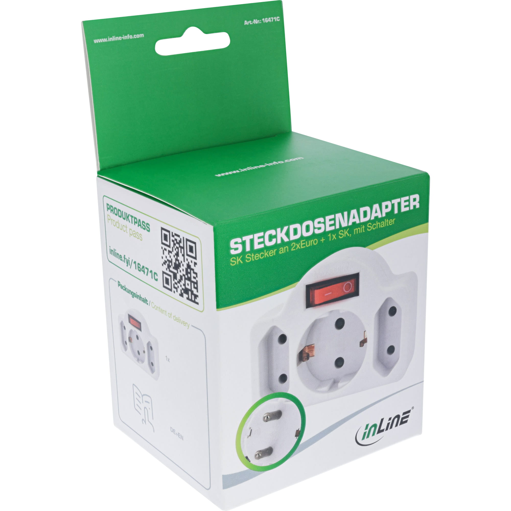 InLine Steckdosenadapter - SK Stecker an 2xEuro+1x SK - mit Schalter - weiß