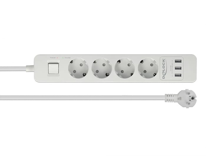 Delock Extension Socket - Steckdosenleiste - Wechselstrom 250 V - 4000 Watt - Eingabe, Eingang power CEE 7/7 - Ausgangsanschlüsse: 4 (3 x USB Typ A, 4 x CEE 7/3)