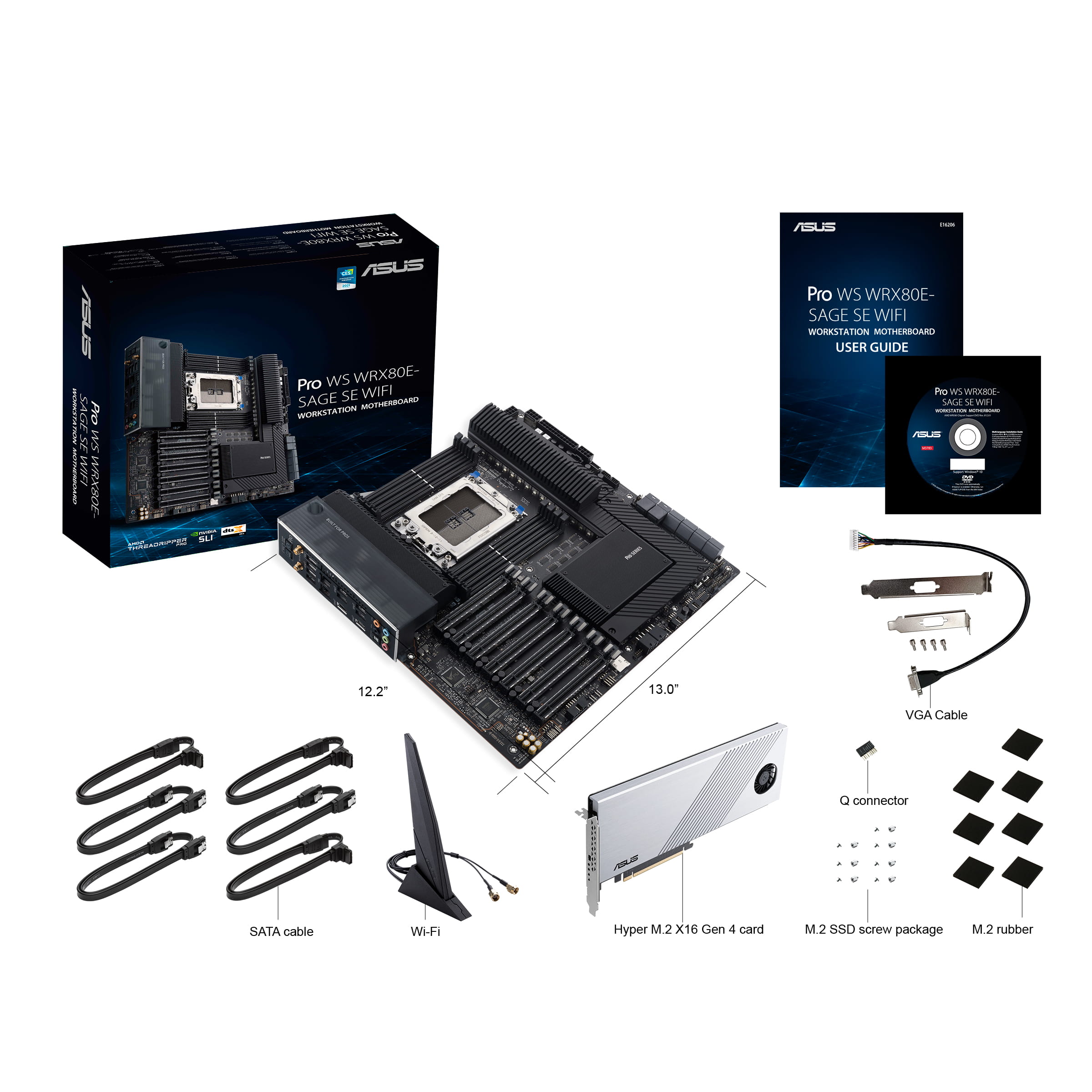 ASUS Pro WS WRX80E-SAGE SE WIFI II - Motherboard - E-ATX / SSI EEB - Socket sWRX8 - AMD WRX80 Chipsatz - USB-C 3.2 Gen 2x2, USB-C 3.2 Gen2, USB 3.2 Gen 2, USB 3.2 Gen 1 - 2 x 10 Gigabit LAN, Wi-Fi 6E, Bluetooth - HD Audio (8-Kanal)