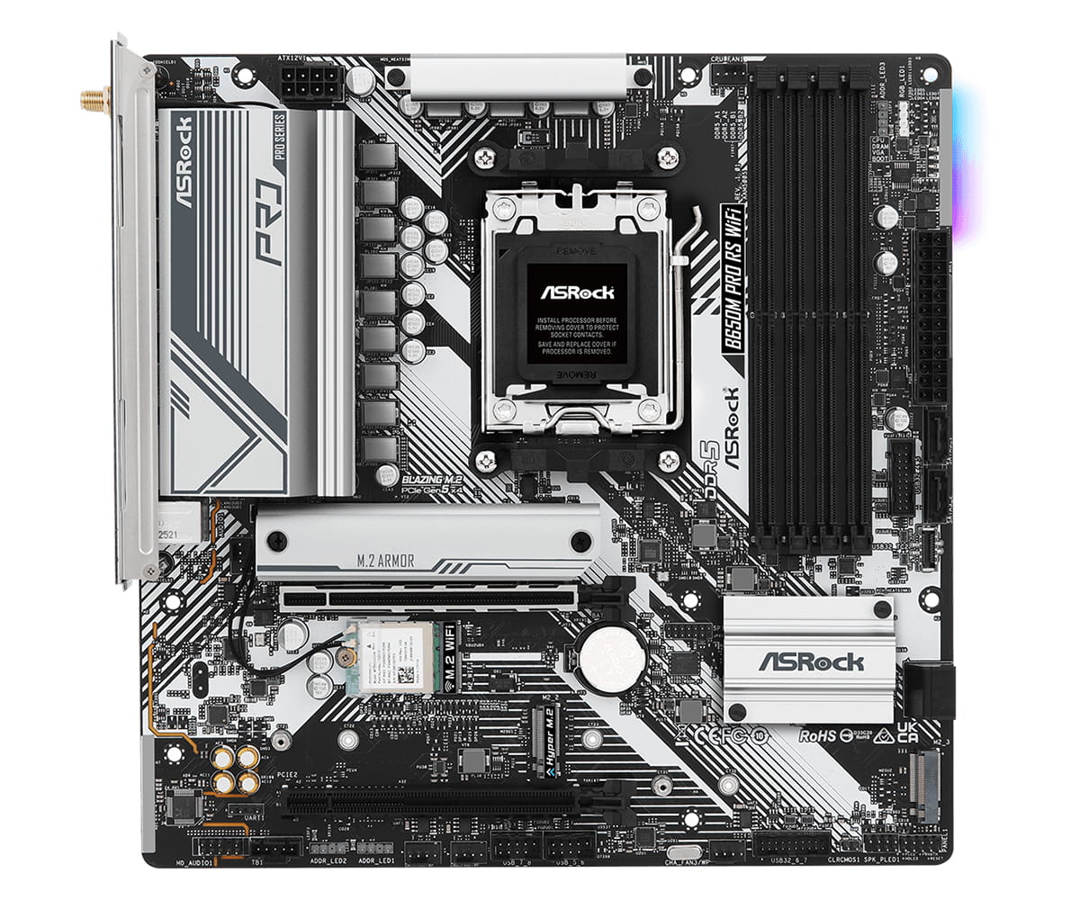 ASRock B650M Pro RS WiFi - Motherboard - micro ATX - Socket AM5 - AMD B650 Chipsatz - USB-C 3.2 Gen2, USB-C 3.2 Gen 1, USB 3.2 Gen 2, USB 3.2 Gen 1 - 2.5 Gigabit LAN, Wi-Fi 6E, Bluetooth - Onboard-Grafik (CPU erforderlich)