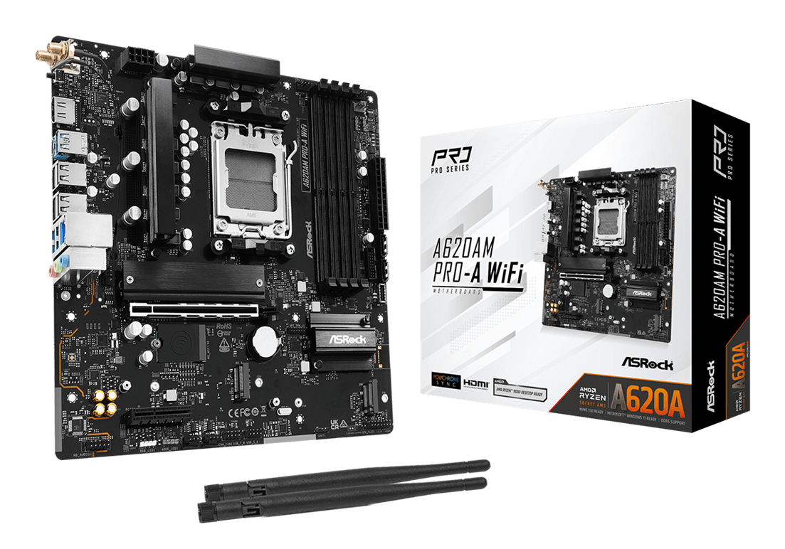 ASRock A620AM Pro-A WiFi - Motherboard - micro ATX - Socket AM5 - AMD A620A Chipsatz - USB 3.2 Gen 1, USB-C 3.2 Gen 1 - 2.5 Gigabit LAN, Wi-Fi 6E, Bluetooth - Onboard-Grafik (CPU erforderlich)