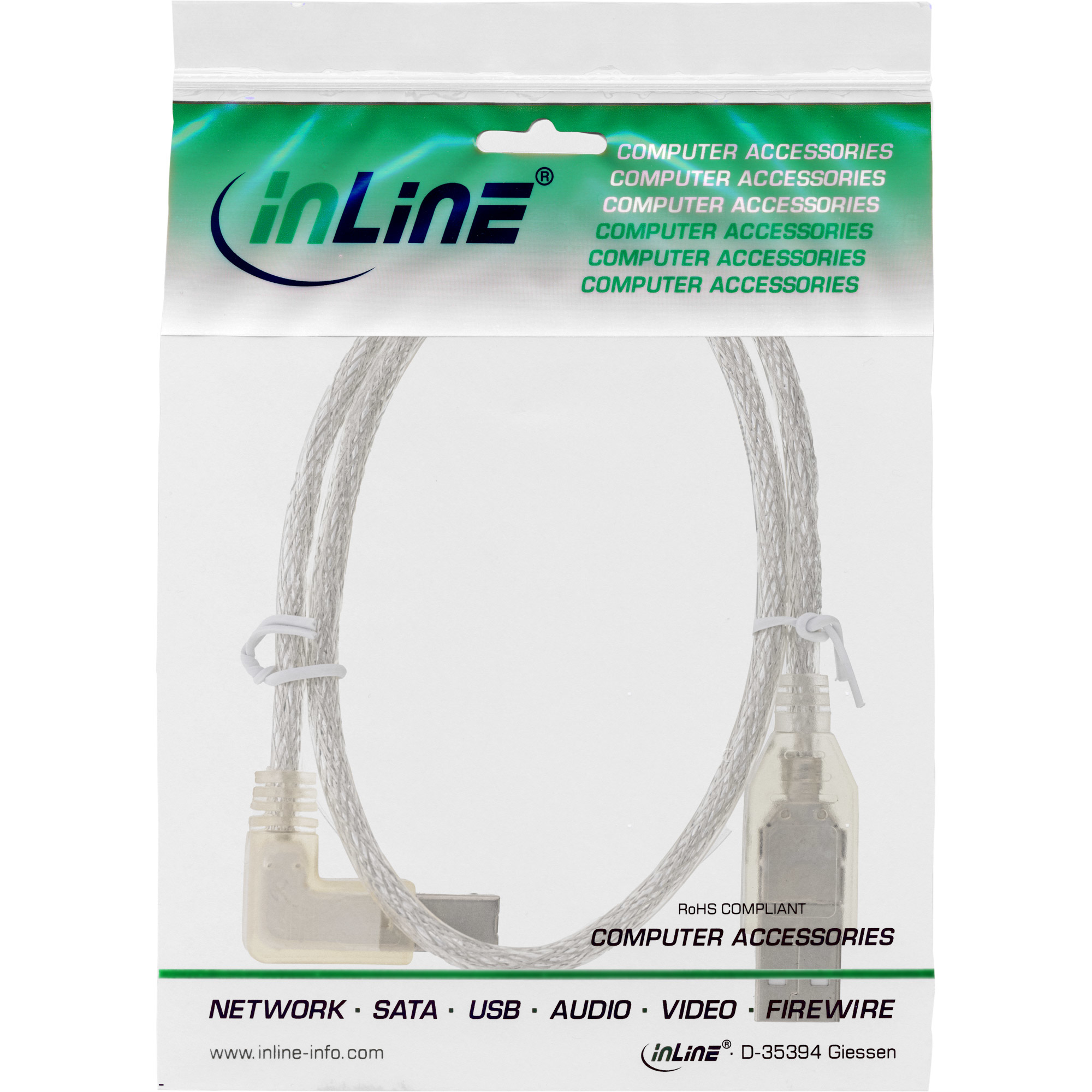InLine USB 2.0 Kabel - A an B links abgewinkelt - transparent - 3m