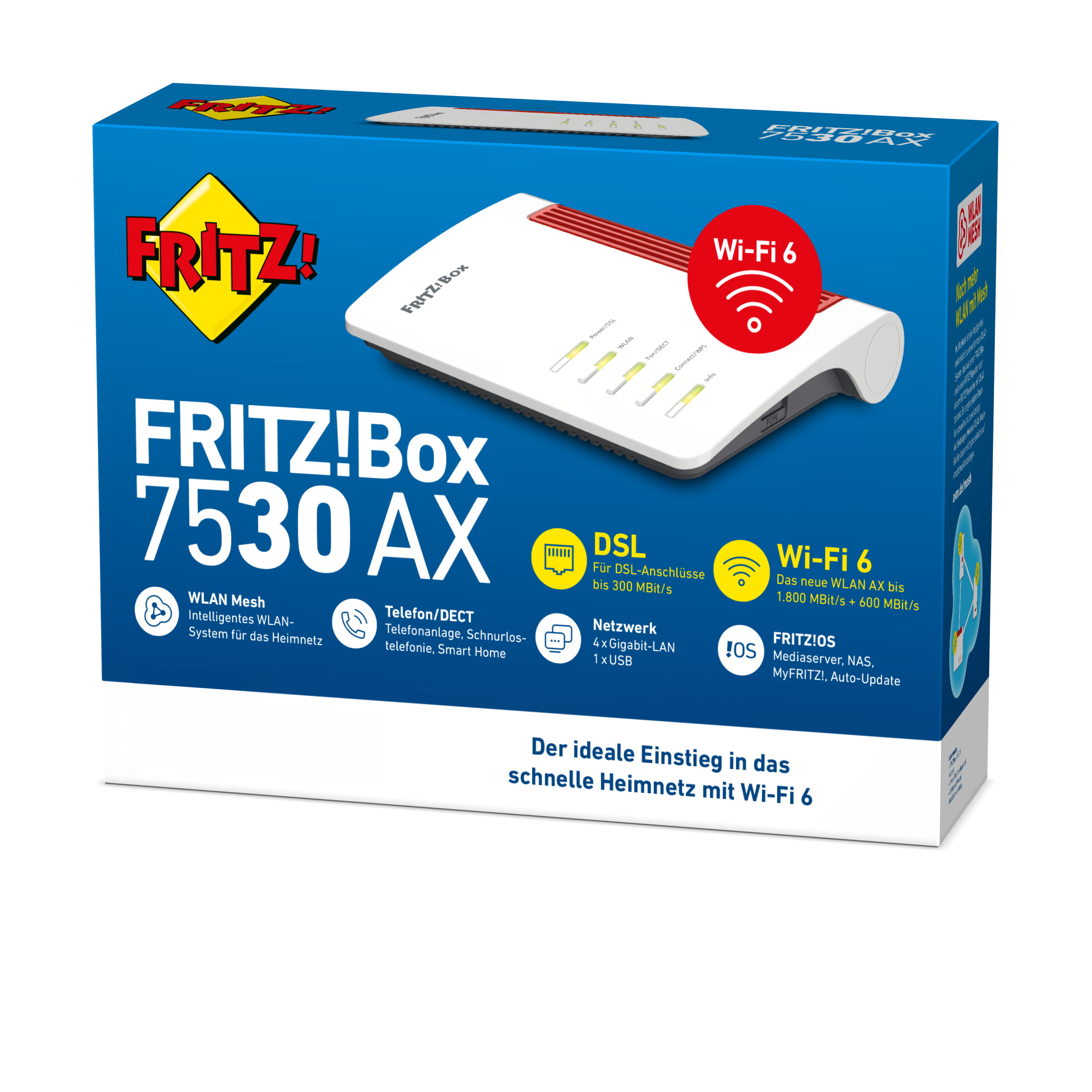 AVM FRITZ!Box 7530 AX - Wireless Router - DSL-Modem 4-Port-Switch - 1GbE - Wi-Fi 6 - Dual-Band - VoIP-Telefonadapter (DECT)