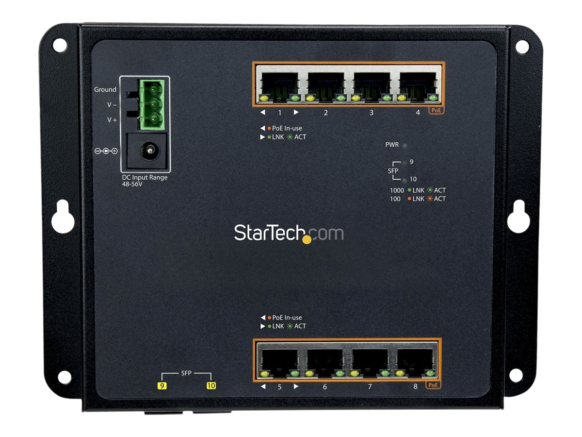 StarTech.com 8 Port PoE+ Gigabit Ethernet Switch plus 2 SFP Ports - Industrieller Managed Gigabit Switch - Wandmontage mit Front Zugriff - Switch - managed - 8 x 10/100/1000 (PoE+)