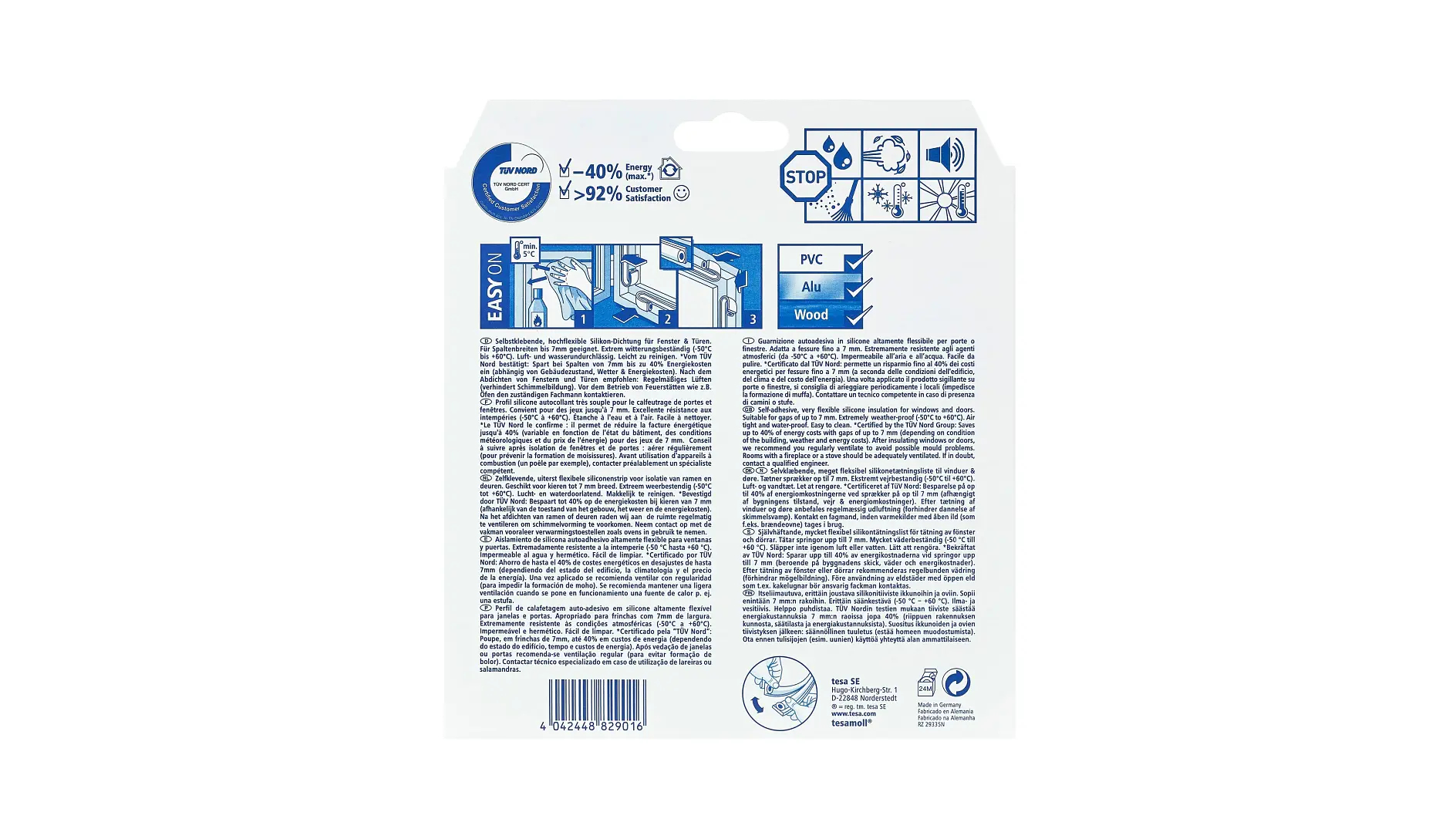 Tesa 05417-00100-01, Fenster, Rahmenlos, Oberhalb des Fensters, Weiß, Stoff, Silikon, 9 mm