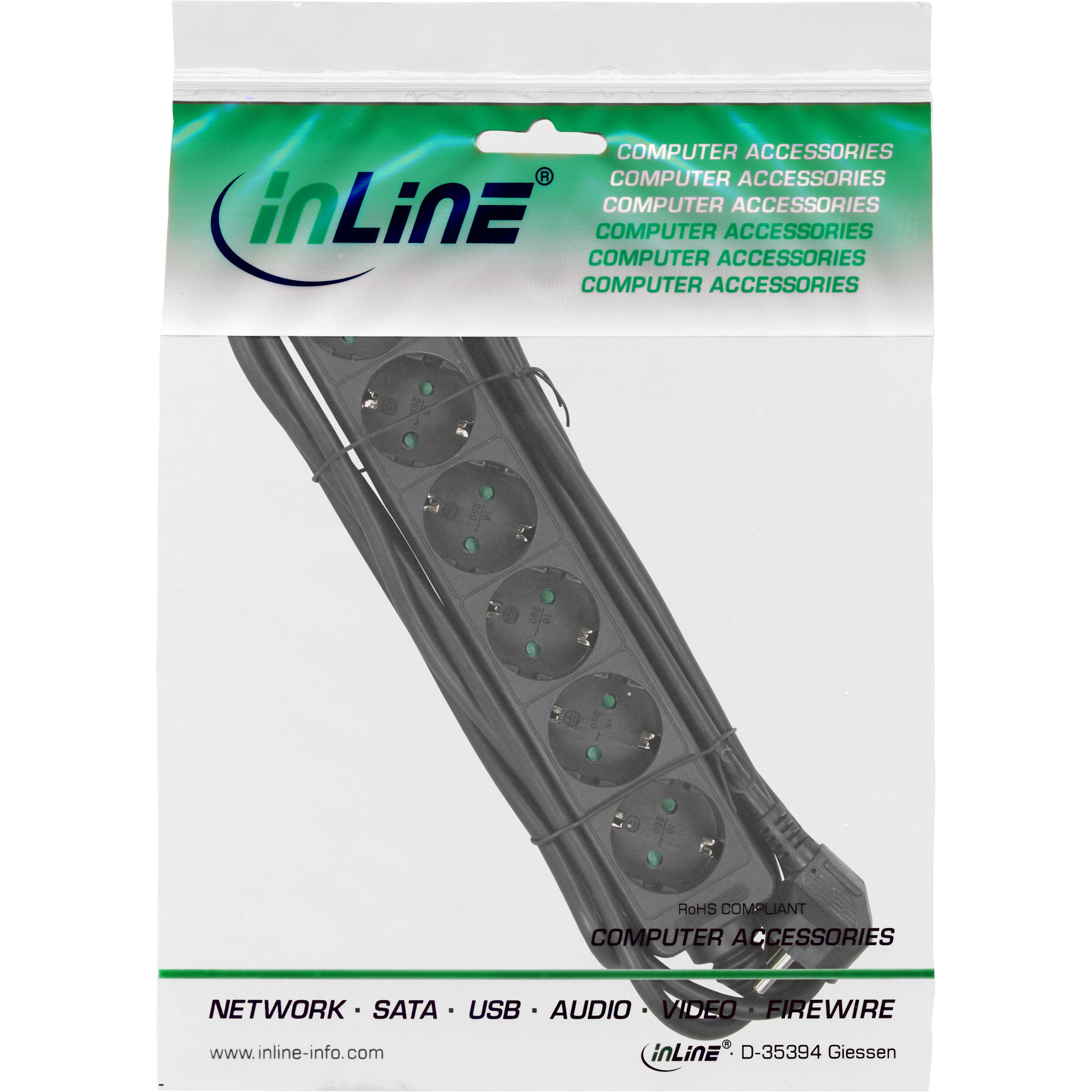 InLine Steckdosenleiste - 6-fach Schutzkontakt - schwarz - 3m InLine Steckdosenleiste - 6-fach Schutzkontakt - schwarz - 3m