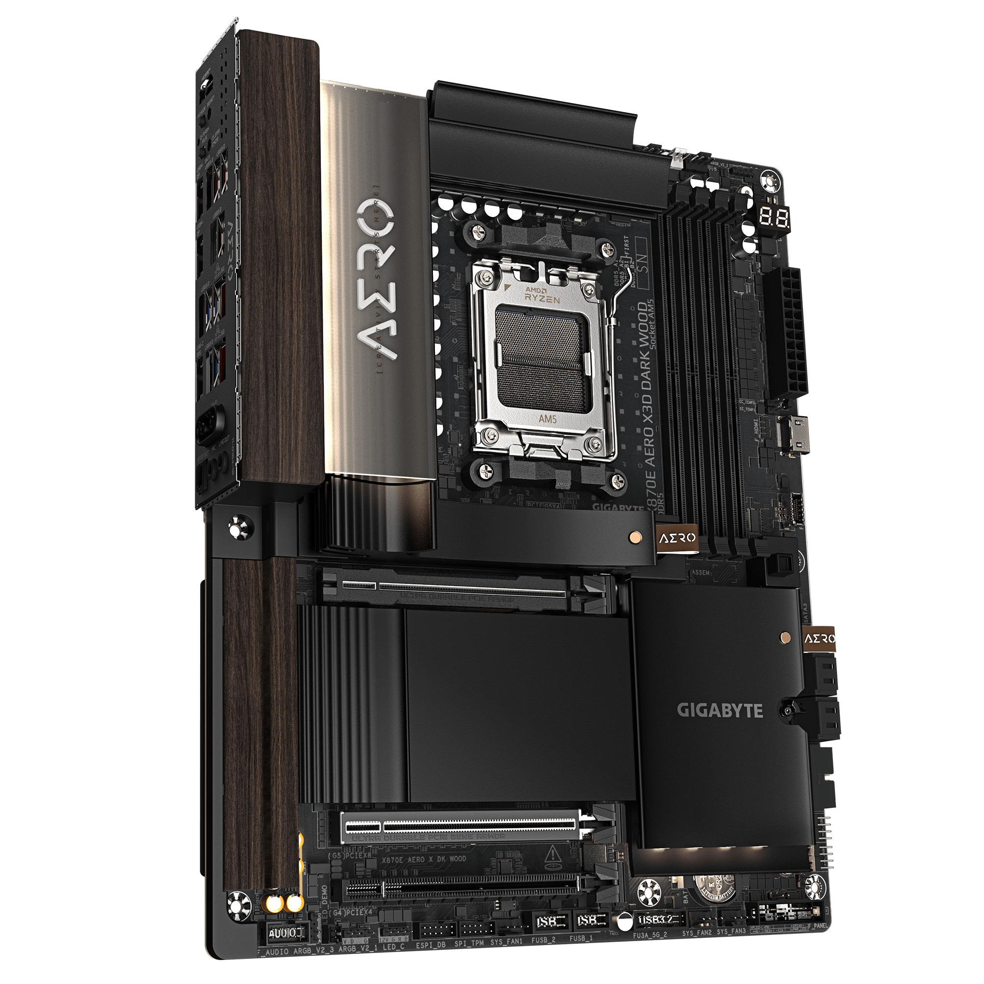 Gigabyte X870E AERO X3D DARK WOOD - Motherboard - ATX - Socket AM5 - AMD X870E Chipsatz - USB-C 3.2 Gen 2x2, USB 3.2 Gen 1, USB4, USB 3.2 Gen 2 - 2 x 5 Gigabit LAN, Wi-Fi 7, Bluetooth - Onboard-Grafik (CPU erforderlich)