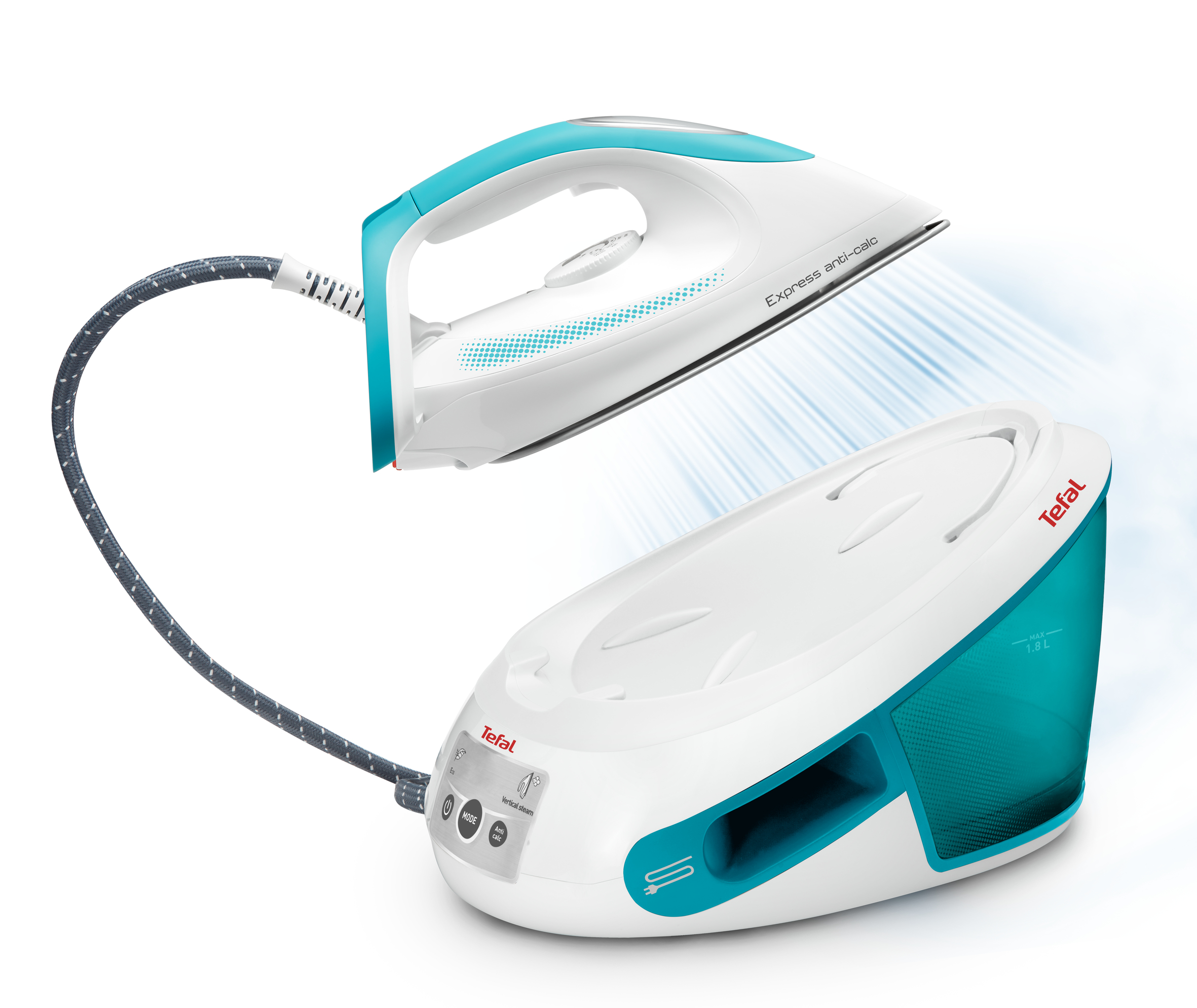 TEFAL Express Anti-Calc SV8010, 2800 W, 400 g/min, 6 bar, 1,8 l, 120 g/min, Türkis, Weiß