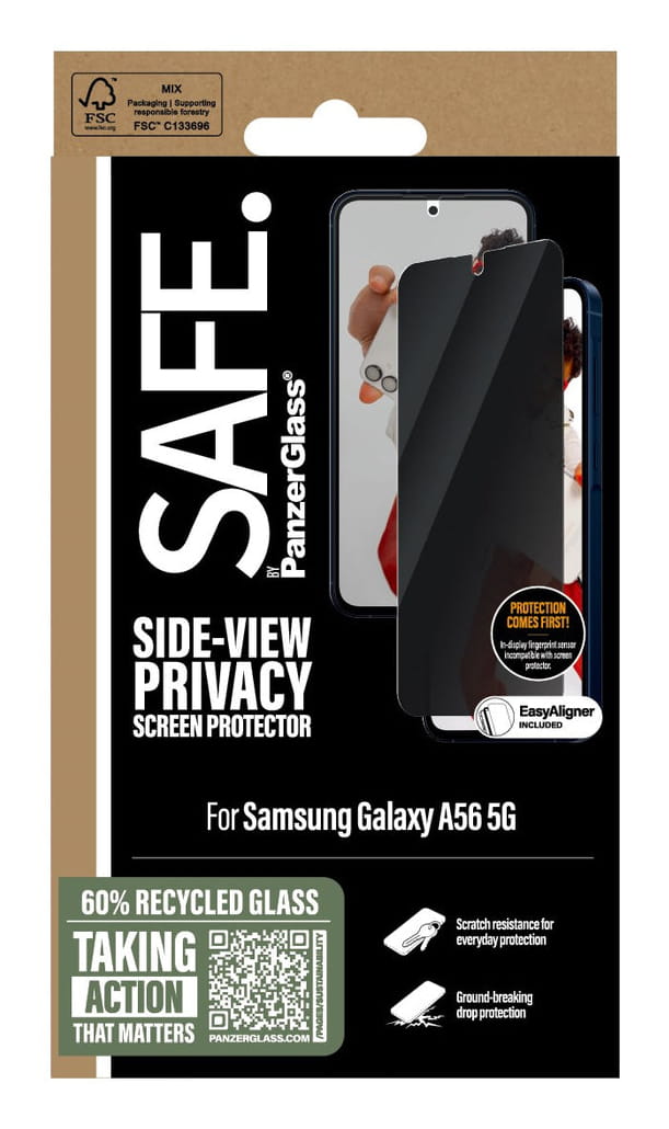 PanzerGlass SAFE. by ® Privacy Displayschutz Samsung Galaxy A56 5G | Ultra-Wide Fit m. EasyAligner, Samsung, Samsung - Galaxy A56 5G, Trockene Anwendung, Kratzresistent, Schockresistent, Transparent, 1 Stück(e)