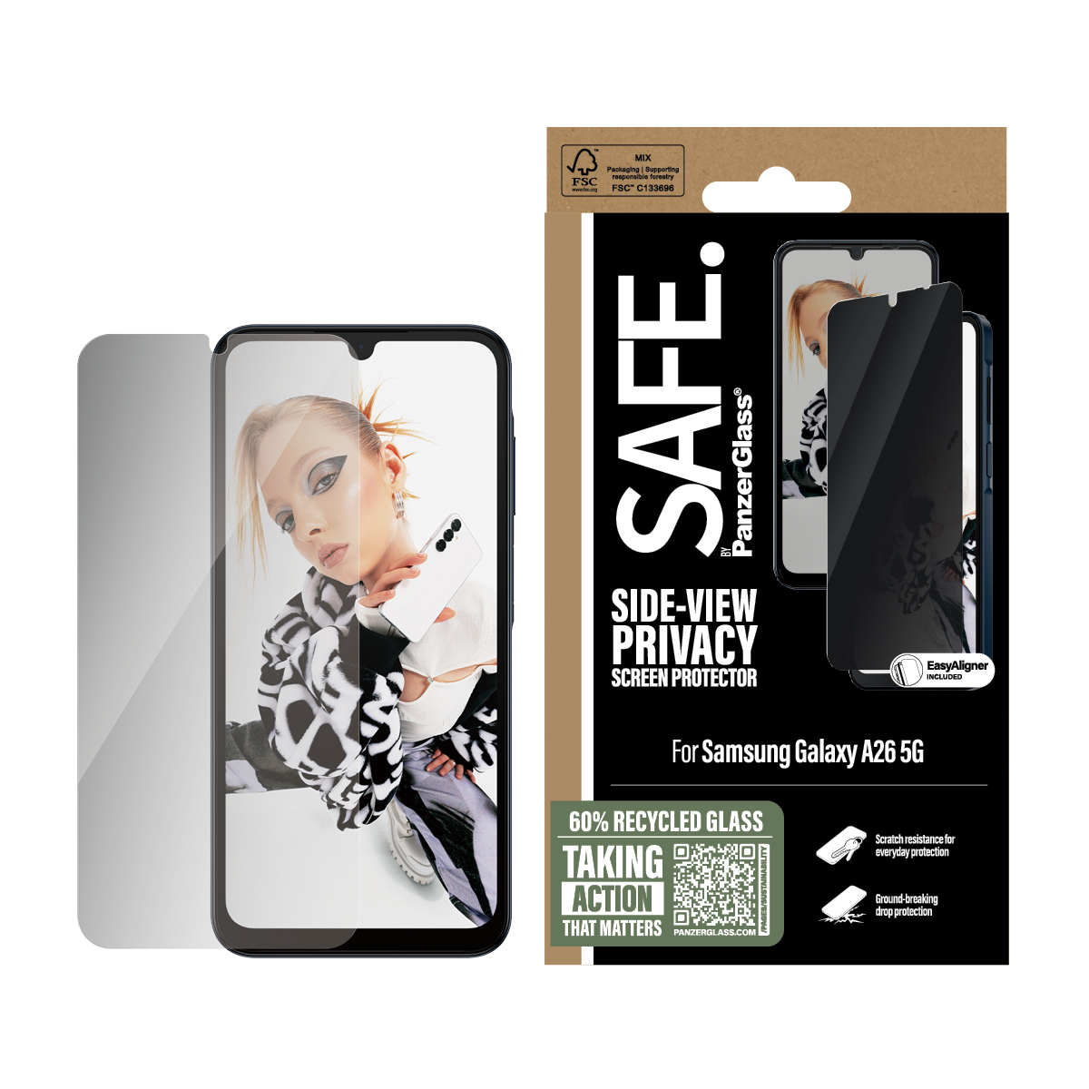PanzerGlass SAFE. by ® Privacy Displayschutz Samsung Galaxy A26 5G | Ultra-Wide Fit m. EasyAligner, Samsung, Samsung - Galaxy A26 5G, Trockene Anwendung, Kratzresistent, Schockresistent, Transparent, 1 Stück(e)