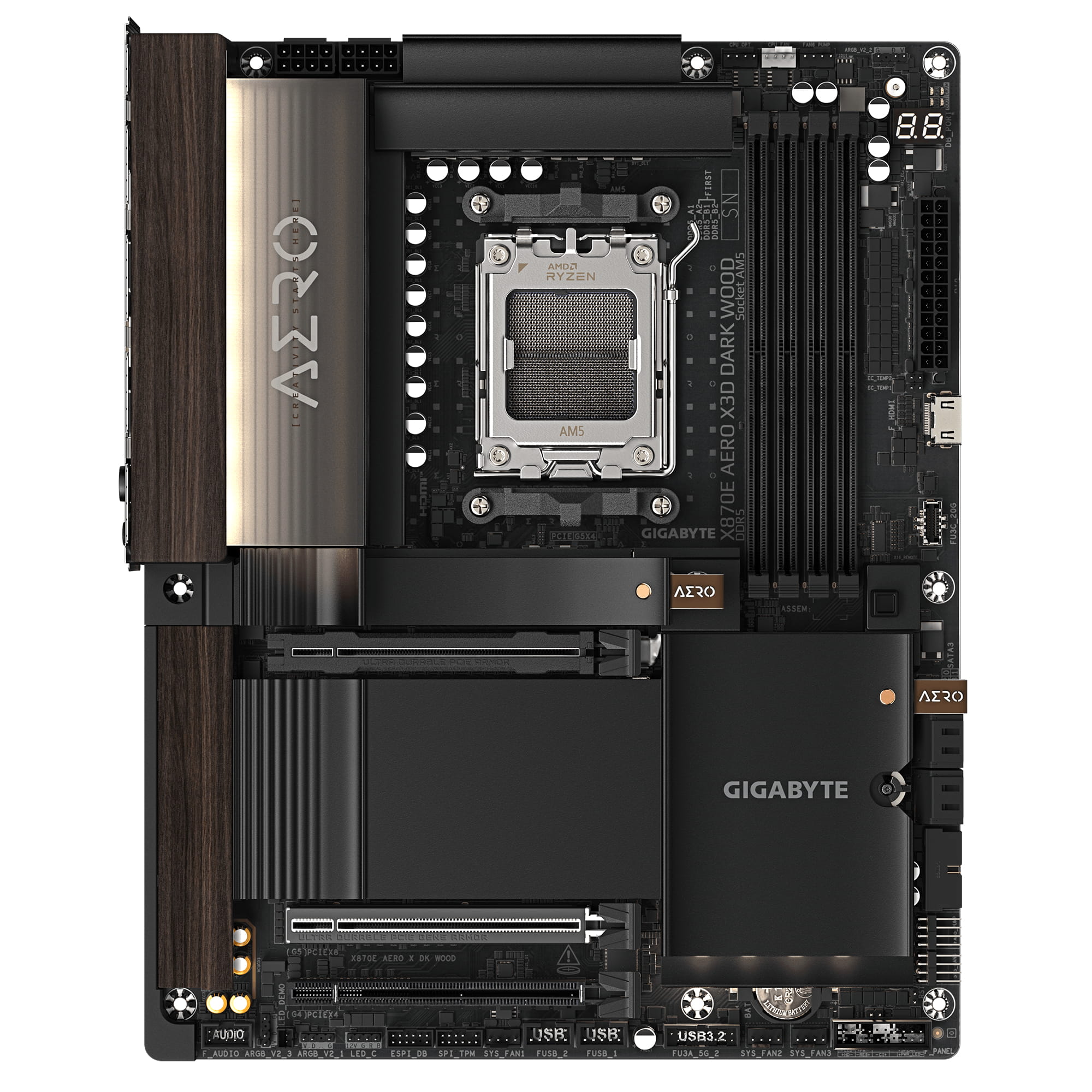 Gigabyte X870E AERO X3D DARK WOOD - Motherboard - ATX - Socket AM5 - AMD X870E Chipsatz - USB-C 3.2 Gen 2x2, USB 3.2 Gen 1, USB4, USB 3.2 Gen 2 - 2 x 5 Gigabit LAN, Wi-Fi 7, Bluetooth - Onboard-Grafik (CPU erforderlich)