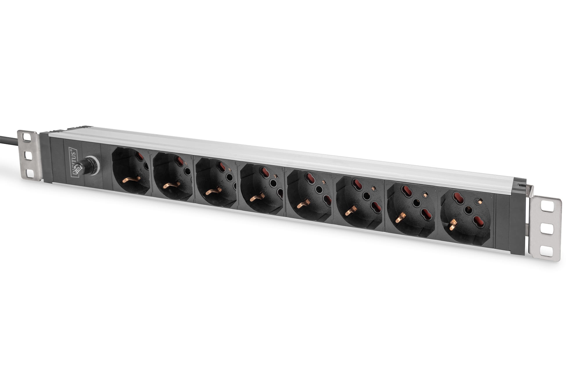 DIGITUS Steckdosenleiste mit Aluminiumprofil und Vorsicherung, 8-fach italienischer Ausgang, 2 m Zuleitung IEC C14 Stecker
