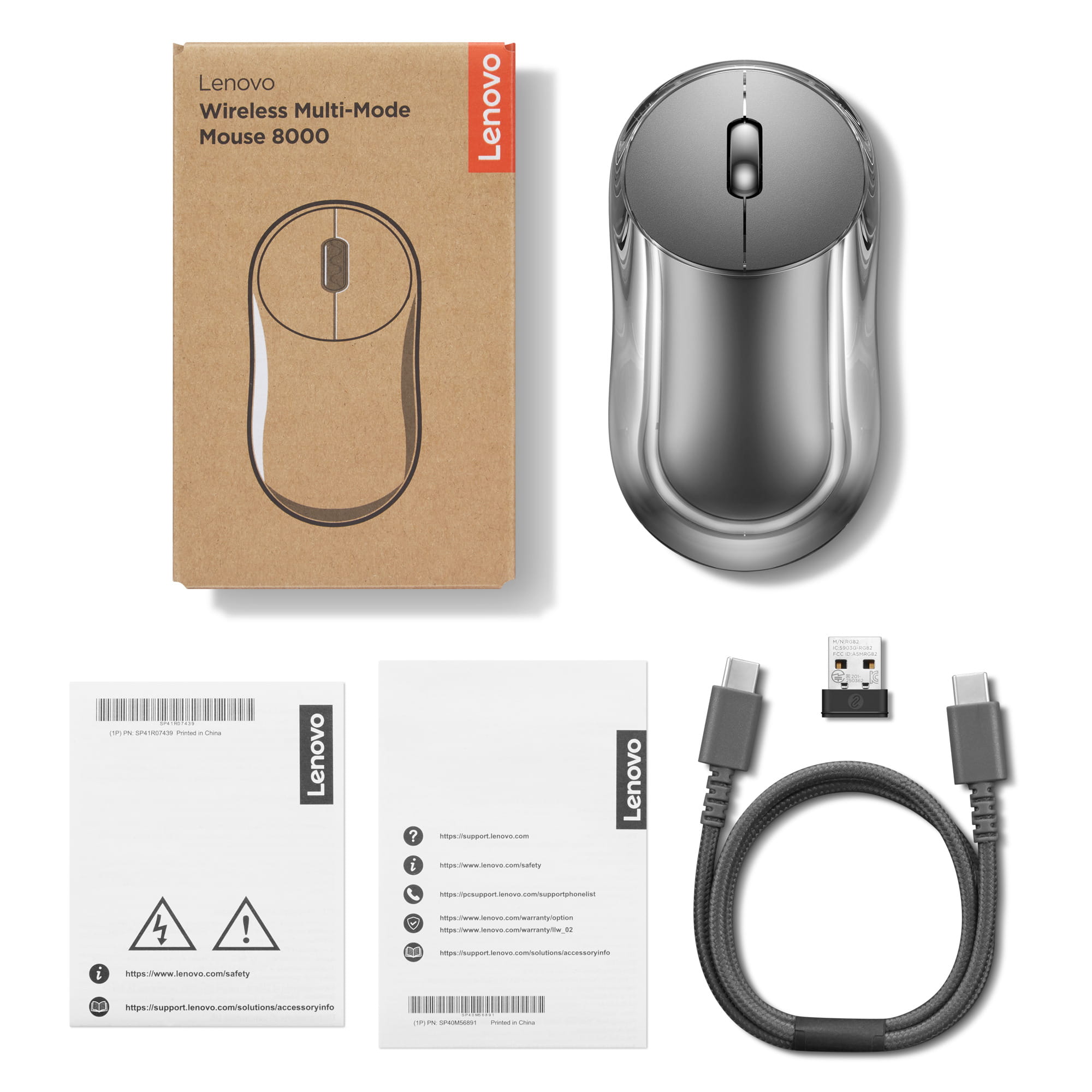 Lenovo 8000, Beidhändig, Optisch, Bluetooth + USB Type-A, 4000 DPI, Grau