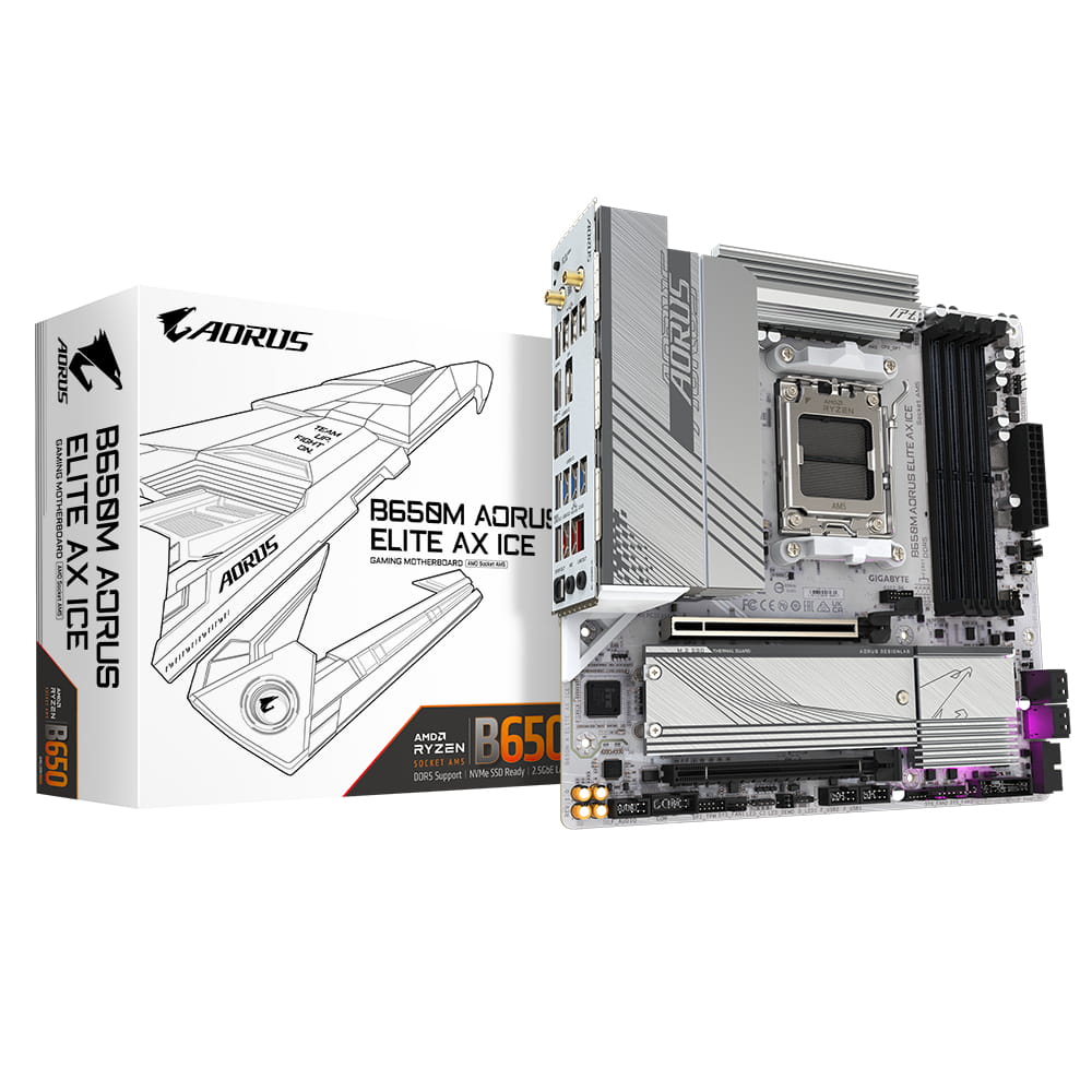 Gigabyte B650M AORUS ELITE AX ICE - Motherboard - micro ATX - Socket AM5 - AMD B650 Chipsatz - USB-C 3.2 Gen2, USB 3.2 Gen 2, USB 3.2 Gen 1, USB-C 3.2 Gen 2x2 - 2.5 Gigabit LAN, Wi-Fi 6E, Bluetooth - Onboard-Grafik (CPU erforderlich)