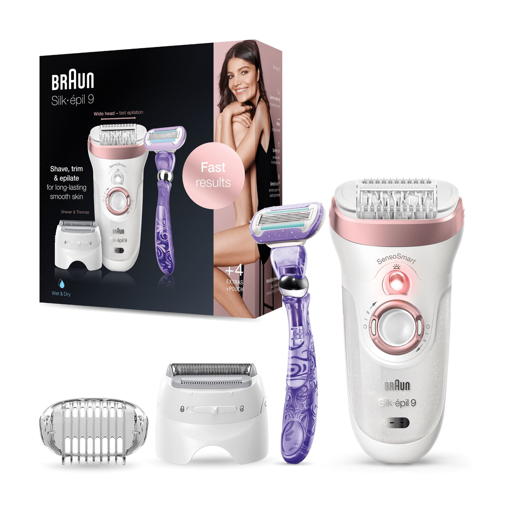Braun Silk-épil 9 9-870, Pink, Weiß, 40 Pinzette, Akku, Integrierte Batterie, Lithium-Ion (Li-Ion), 12 V