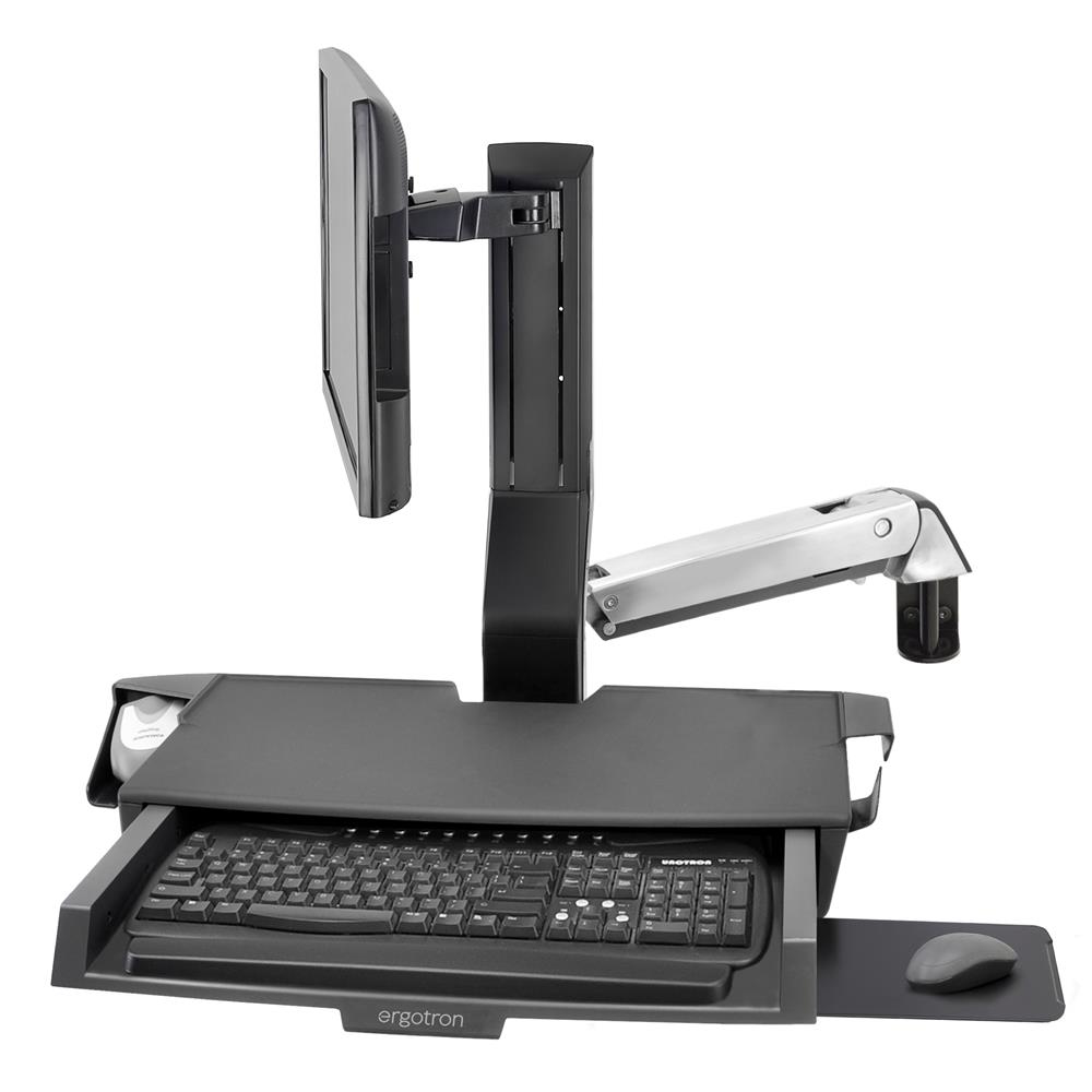 Ergotron Sit-Stand Combo Arm - Befestigungskit (Handgelenkkissen, Wandmontagehalterung, Display-Halterung, Schienenmontage Halterungsset, Mausablage zum Herausziehen, Combo Schwenkarm, Arbeitsfläche mit Tastaturablage, Scanner- und Maushalter)