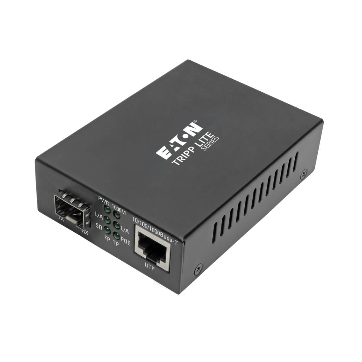Tripp Eaton Tripp Lite Series Gigabit SFP Fiber to Ethernet Media Converter, POE+, International Power Cables, 10/100/1000 Mbps - Medienkonverter - 1GbE - 10Base-T, 100Base-TX, 1000Base-T - RJ-45 / SFP (mini-GBIC)