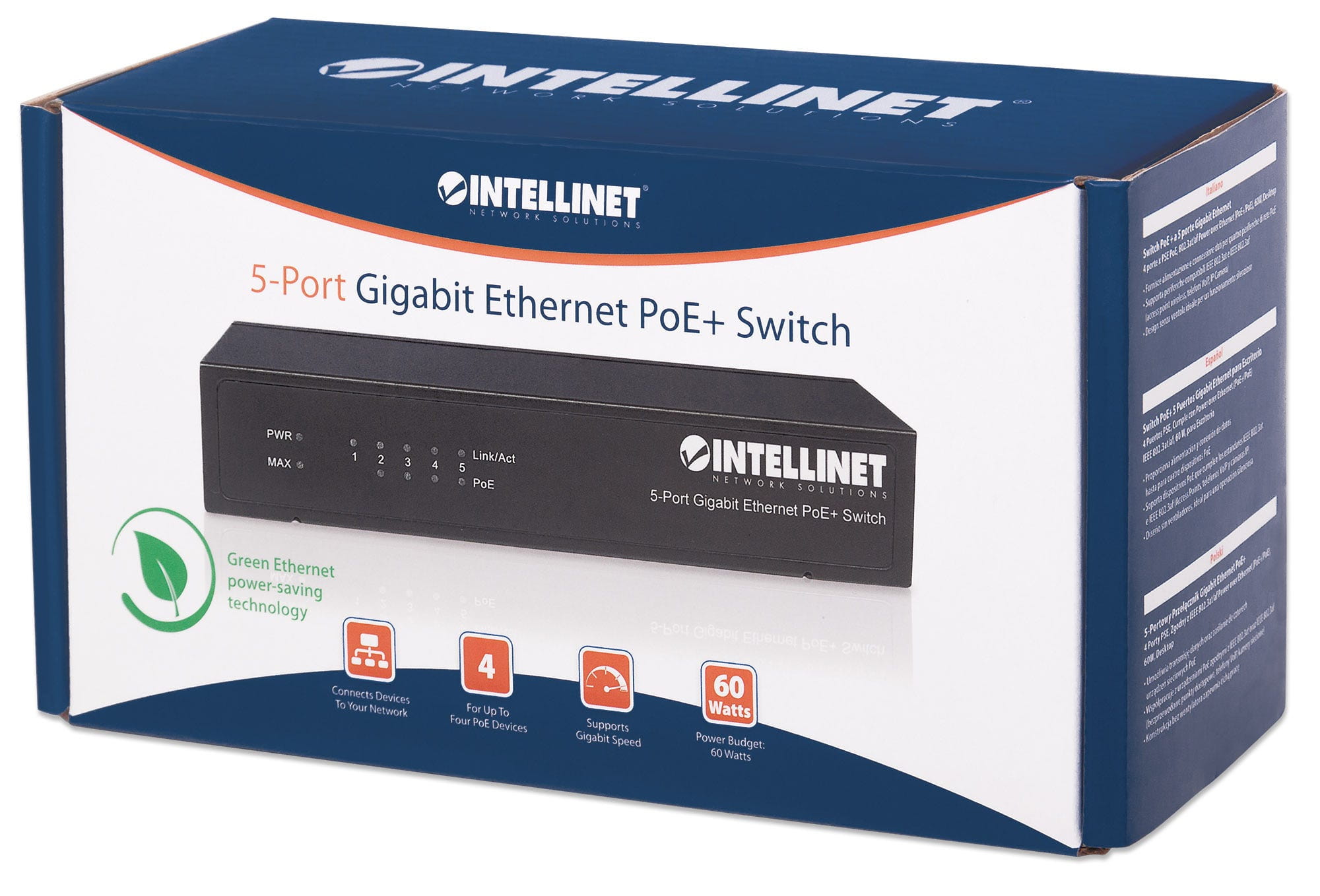Intellinet 5-Port Gigabit Ethernet PoE+ Switch, 4 x PSE Ports, IEEE 802.3at/af Power over Ethernet (PoE+/PoE)
