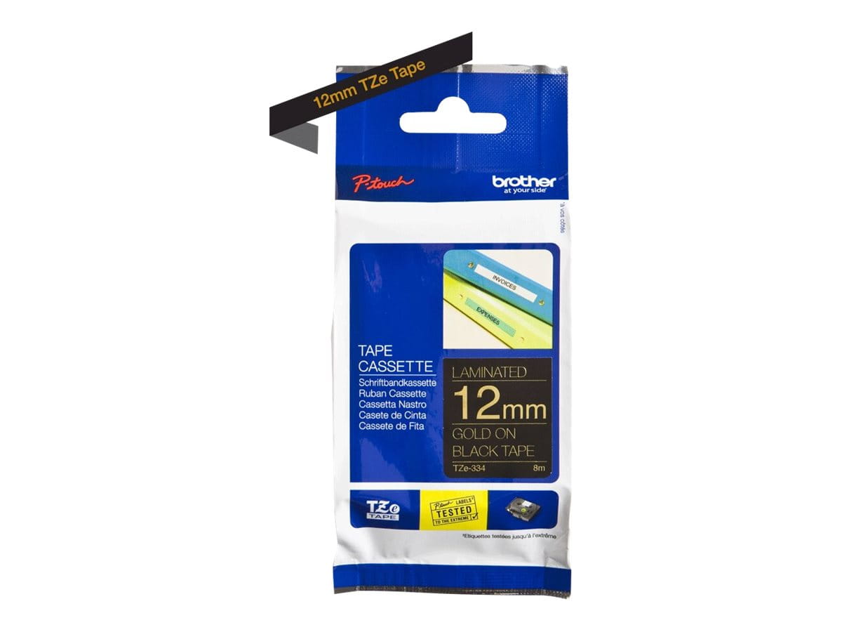 Brother TZe-334 - Standard-Klebstoff - gold auf schwarz - Rolle (1,2 cm x 8 m)