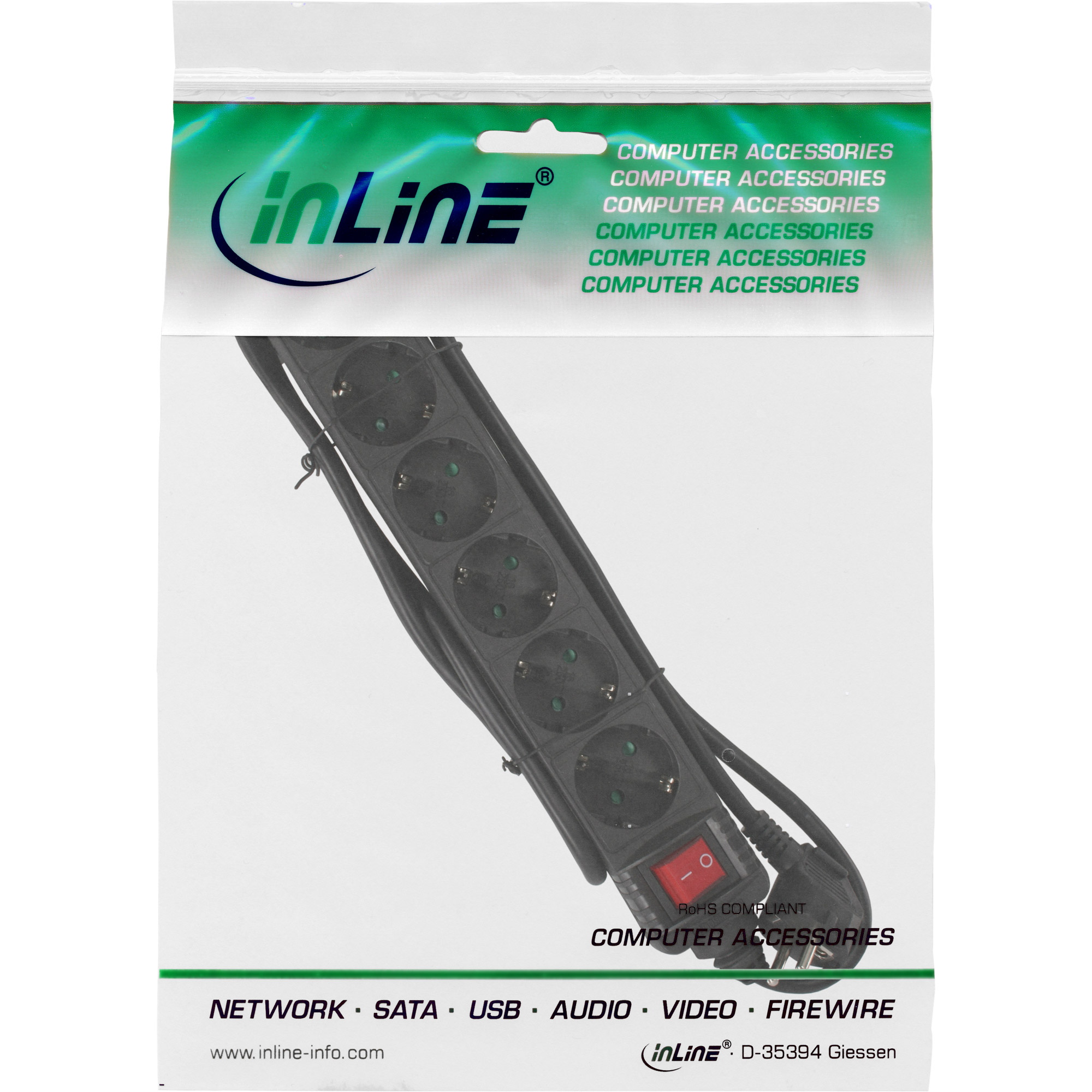 InLine Steckdosenleiste - 6-fach Schutzkontakt - mit Schalter - schwarz - 1,5m InLine Steckdosenleiste - 6-fach Schutzkontakt - mit Schalter - schwarz - 1,5m