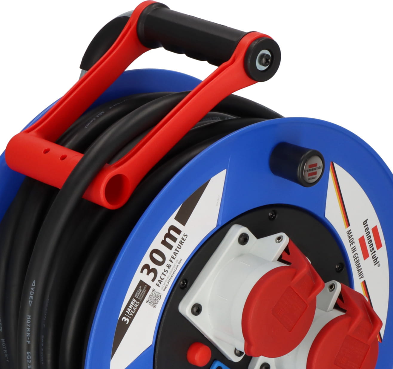 Brennenstuhl 1238010, 30 m, Draußen, IP44, Kunststoff, Schwarz, Blau, Rot, 3 AC-Ausgänge