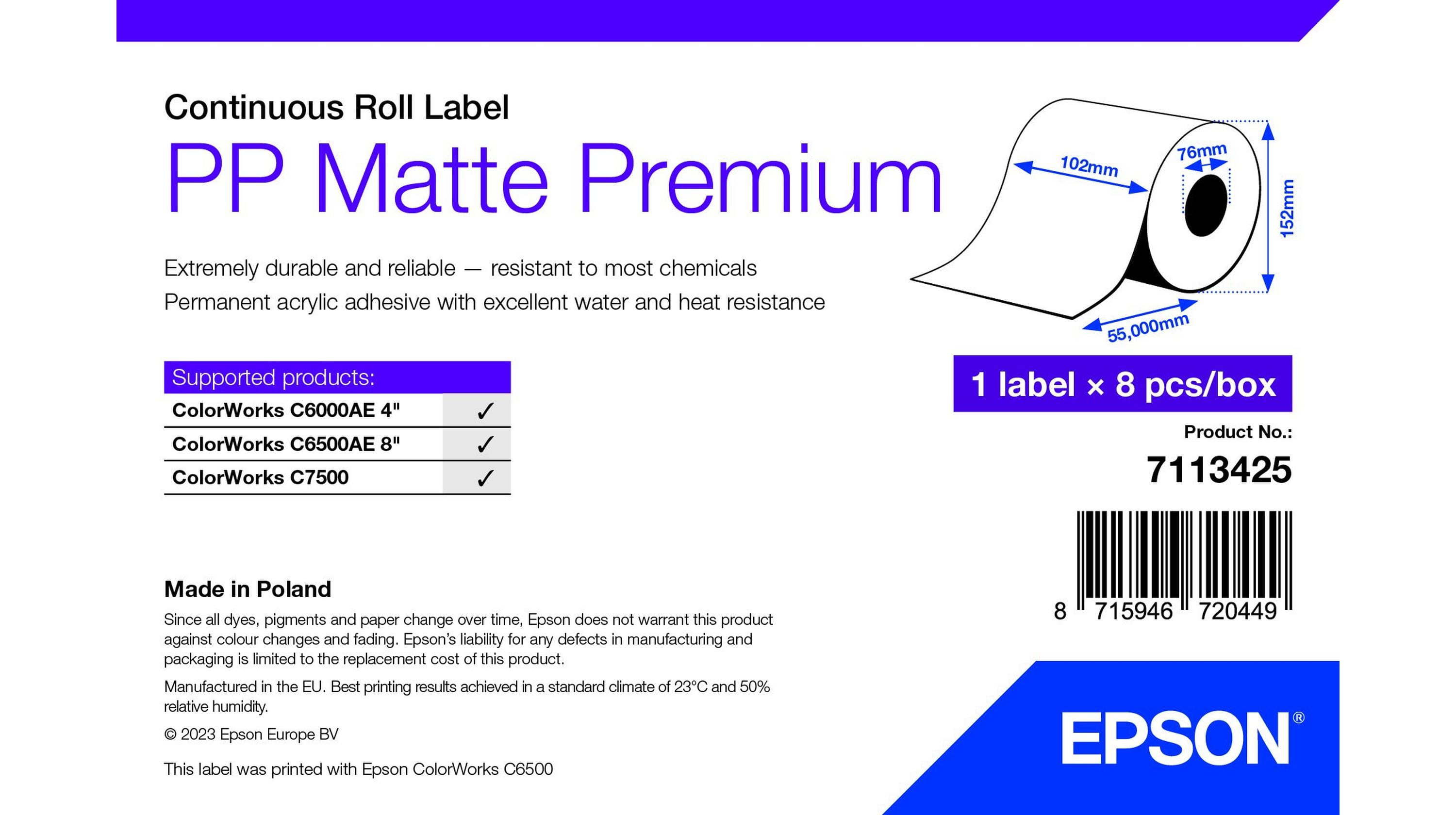 Epson Premium - Polypropylen (PP) - matt - permanenter Acrylklebstoff - Rolle (10,2 cm x 55 m)