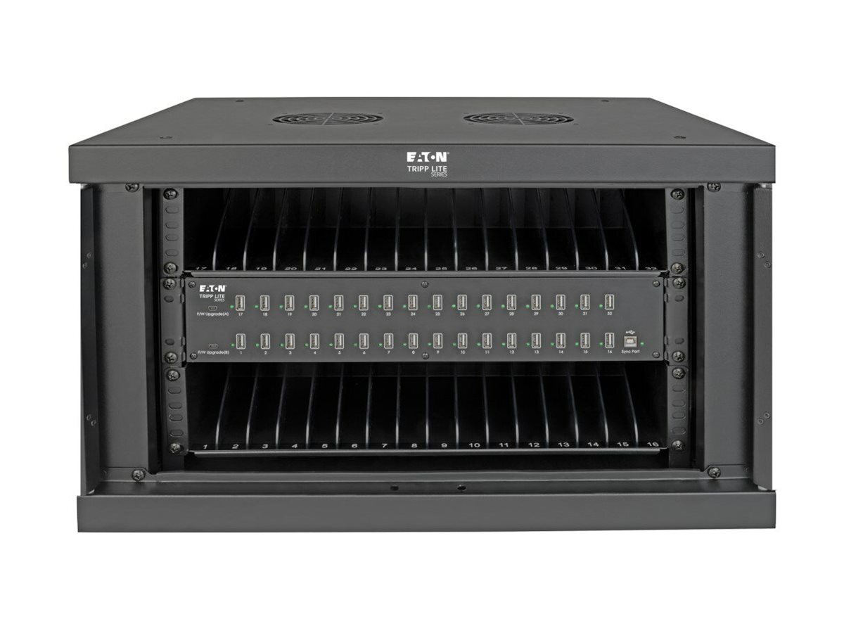 Tripp Eaton Tripp Lite Series 32-Device USB Charging Station Cabinet with Sync for Smartphones, Wall Mount and Desktop Options, 230V, Schuko CEE7 to C13 Plug, Black