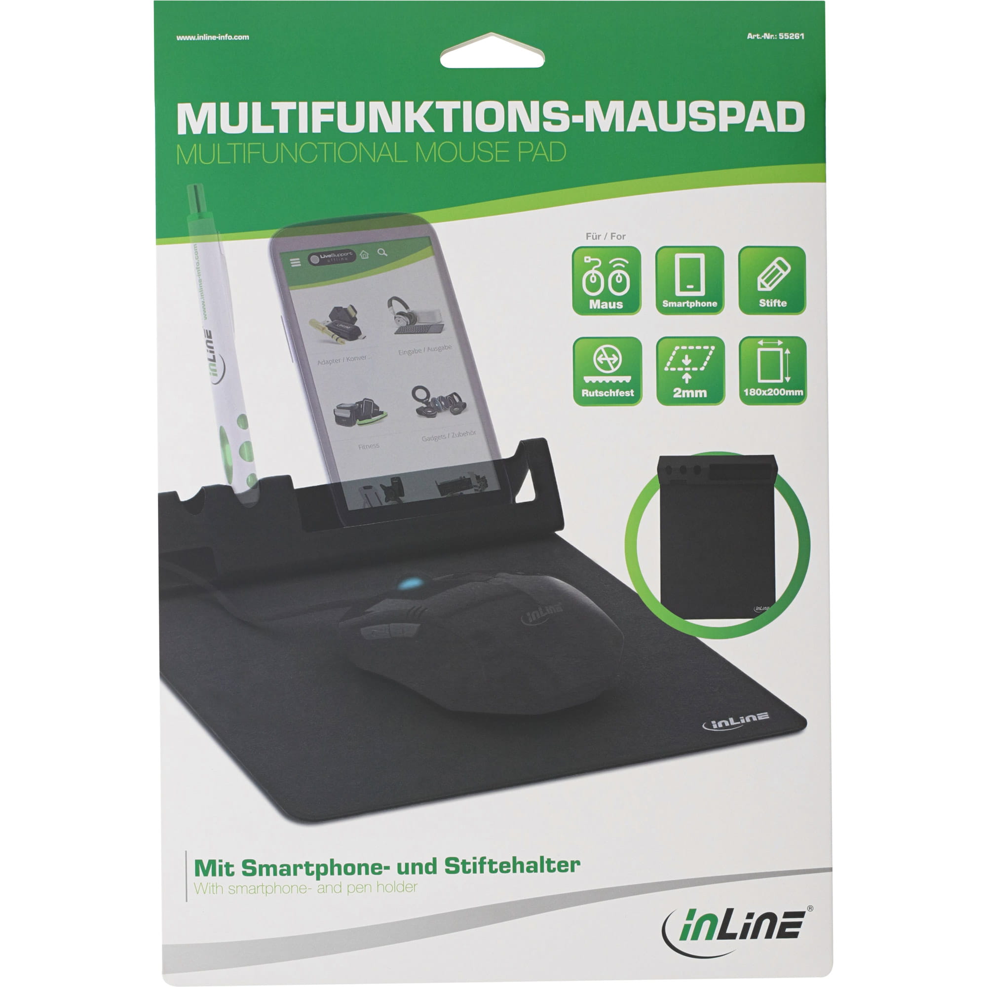 InLine Multifunktions-Mauspad mit Handy und Stifthalter - faltbar - schwarz