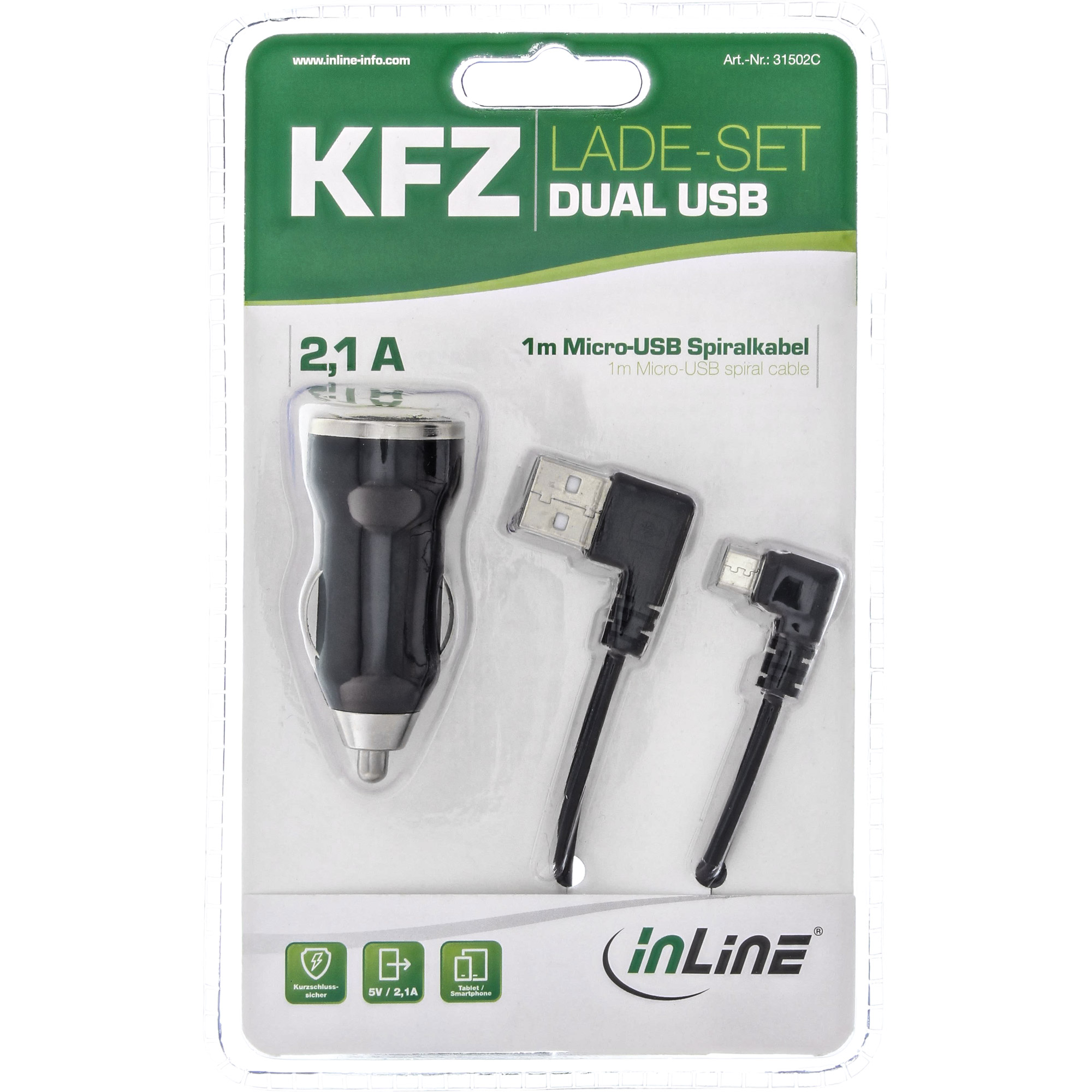 InLine USB DUAL+ KFZ-Ladeset - Stromadapter 1m Kabel - 12/24VDC zu 5V DC/2.1A