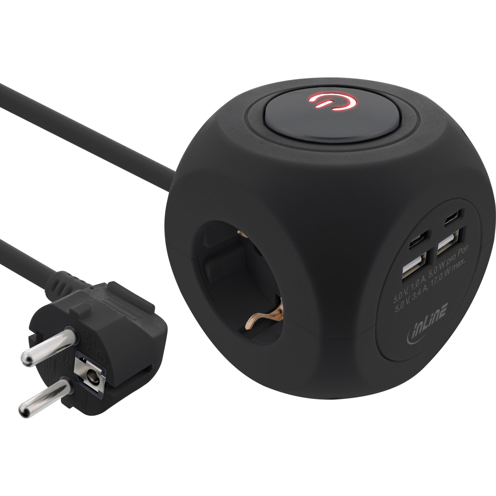 InLine Charging Cube - 3x Schutzkontakt - 2x USB-C - 2x USB-A - schwarz - 2m