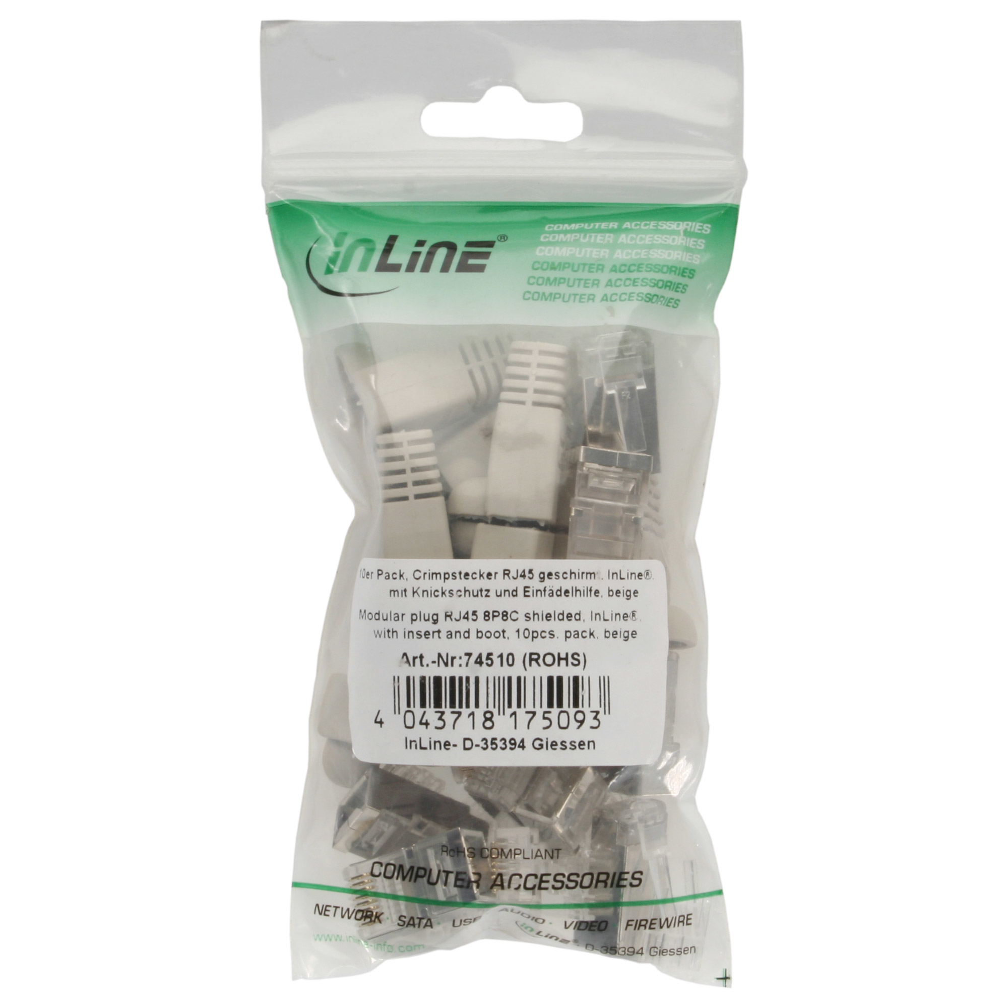 InLine Crimpstecker RJ45 geschirmt - Knickschutz beige & Einfädelhilfe 10er Pack