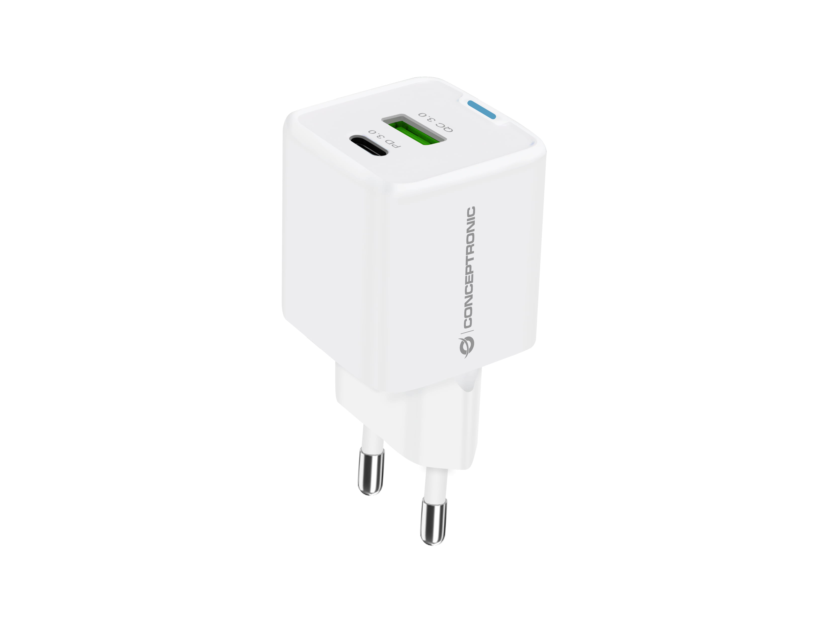 Conceptronic 2-Port 20W GaN USB-PD-Ladegerät, USB-C x 1, USB-A x 1, QC 3.0, PPS, Drinnen, AC, 12 V, Weiß