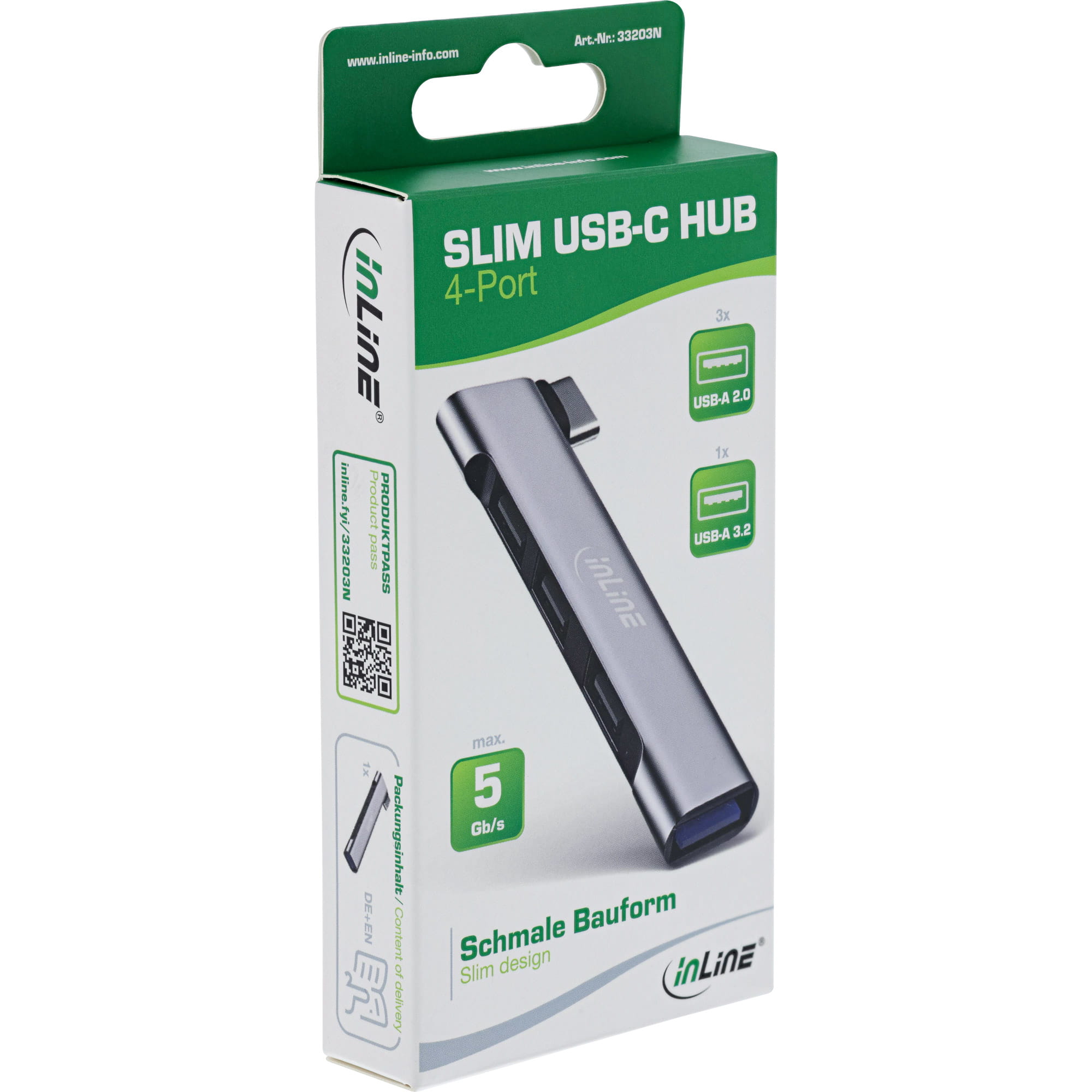 InLine Slim USB-C Hub - 4-Port - USB 3.0 + 3x USB 2.0 - schmale Bauform