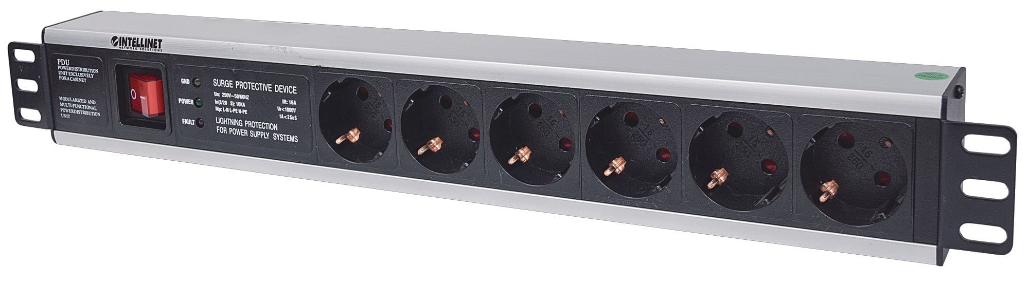 Intellinet 19" 1.5U Rackmount 6-Way Power Strip - German Type", With On/Off Switch and Surge Protection, 3m Power Cord - Steckdosenleiste (Rack - einbaufähig)