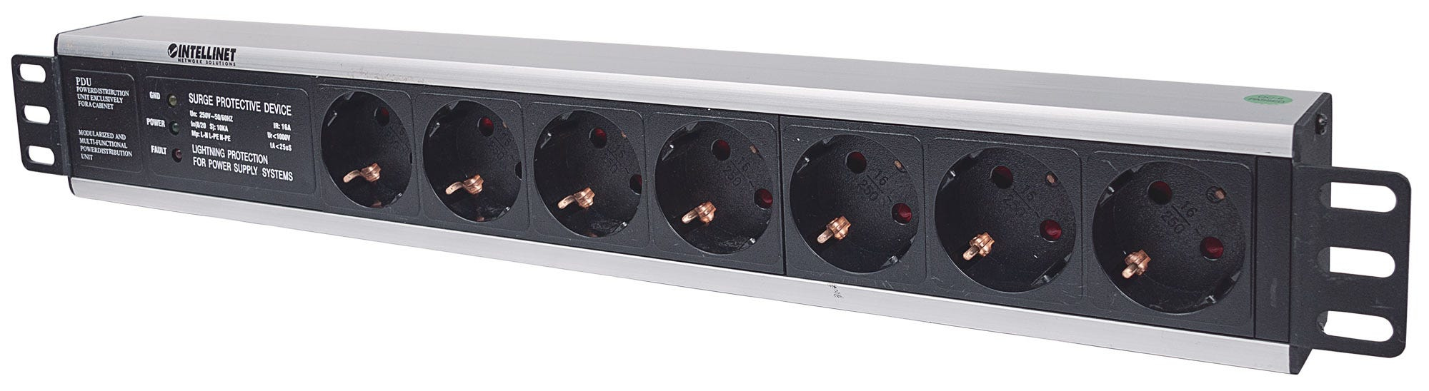 Intellinet 19" 1.5U Rackmount 7-Way Power Strip - German Type", With Surge Protection, 3m Power Cord - Steckdosenleiste (Rack - einbaufähig)