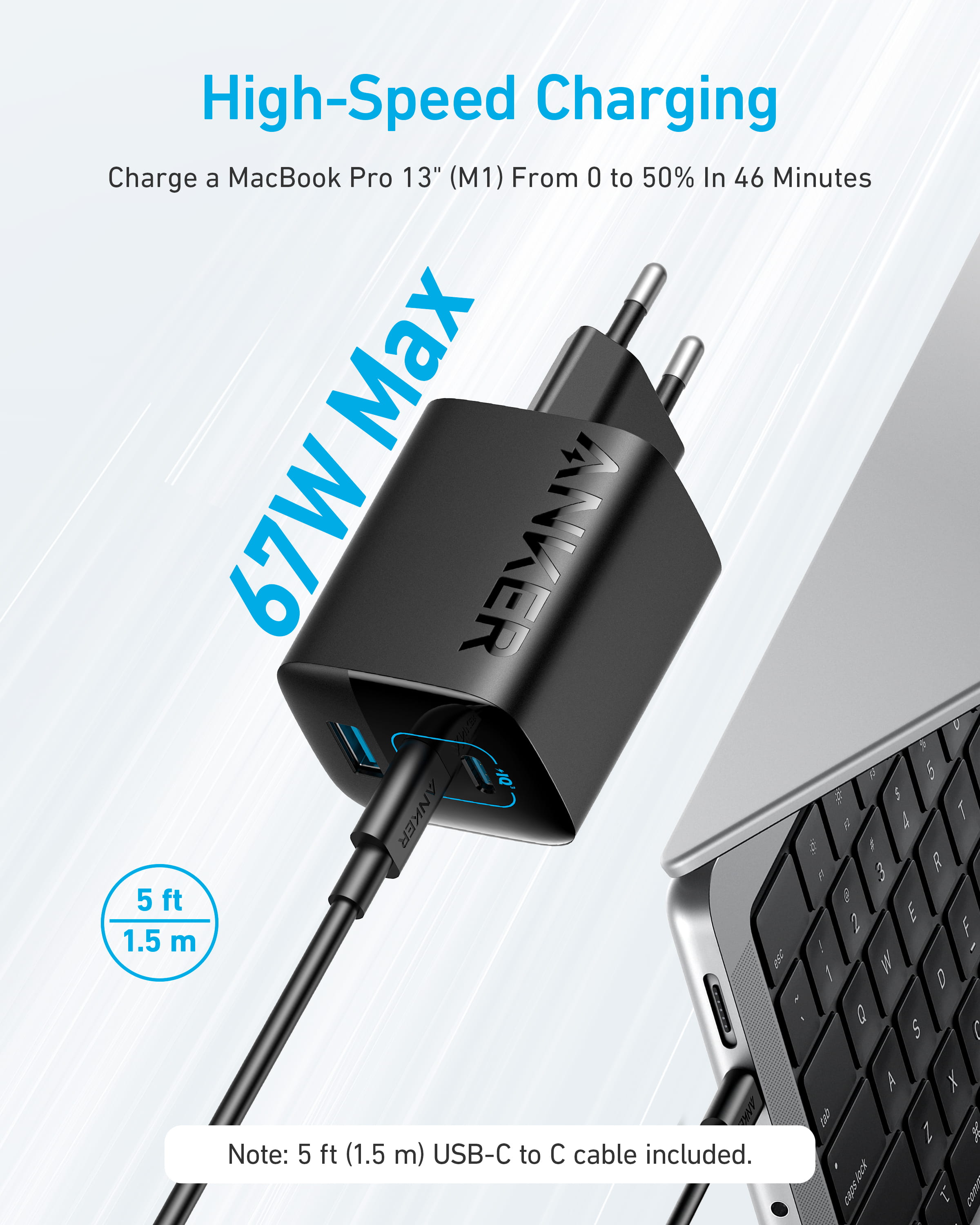 ANKER 336 - Netzteil - 67 Watt - 5 A - IQ 3.0, PD/PPS - 3 Ausgabeanschlussstellen (2 x USB-C, USB Typ A)