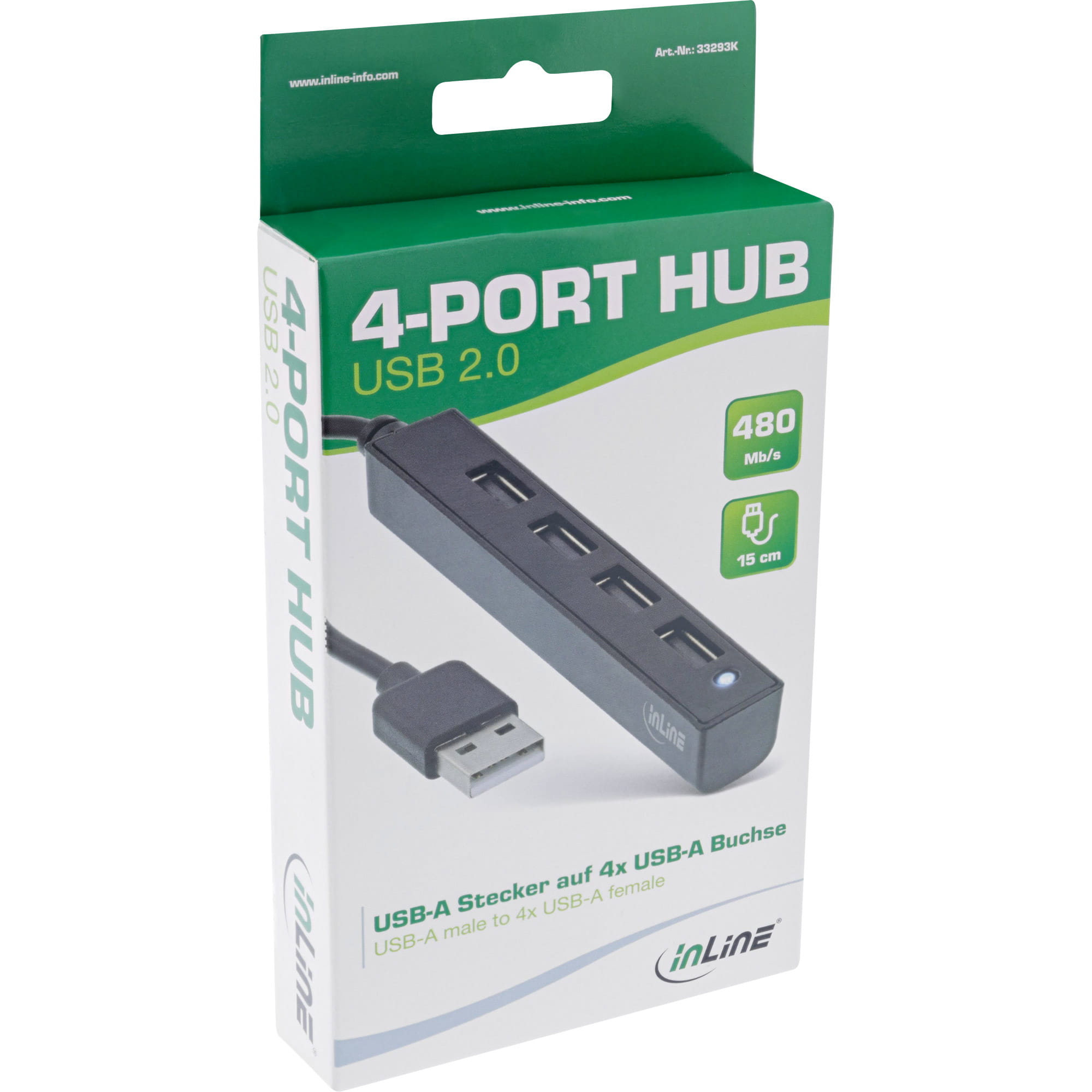 InLine USB 2.0 4-Port Hub - USB-A Stecker auf 4x USB-A Buchse - Kabel 15cm