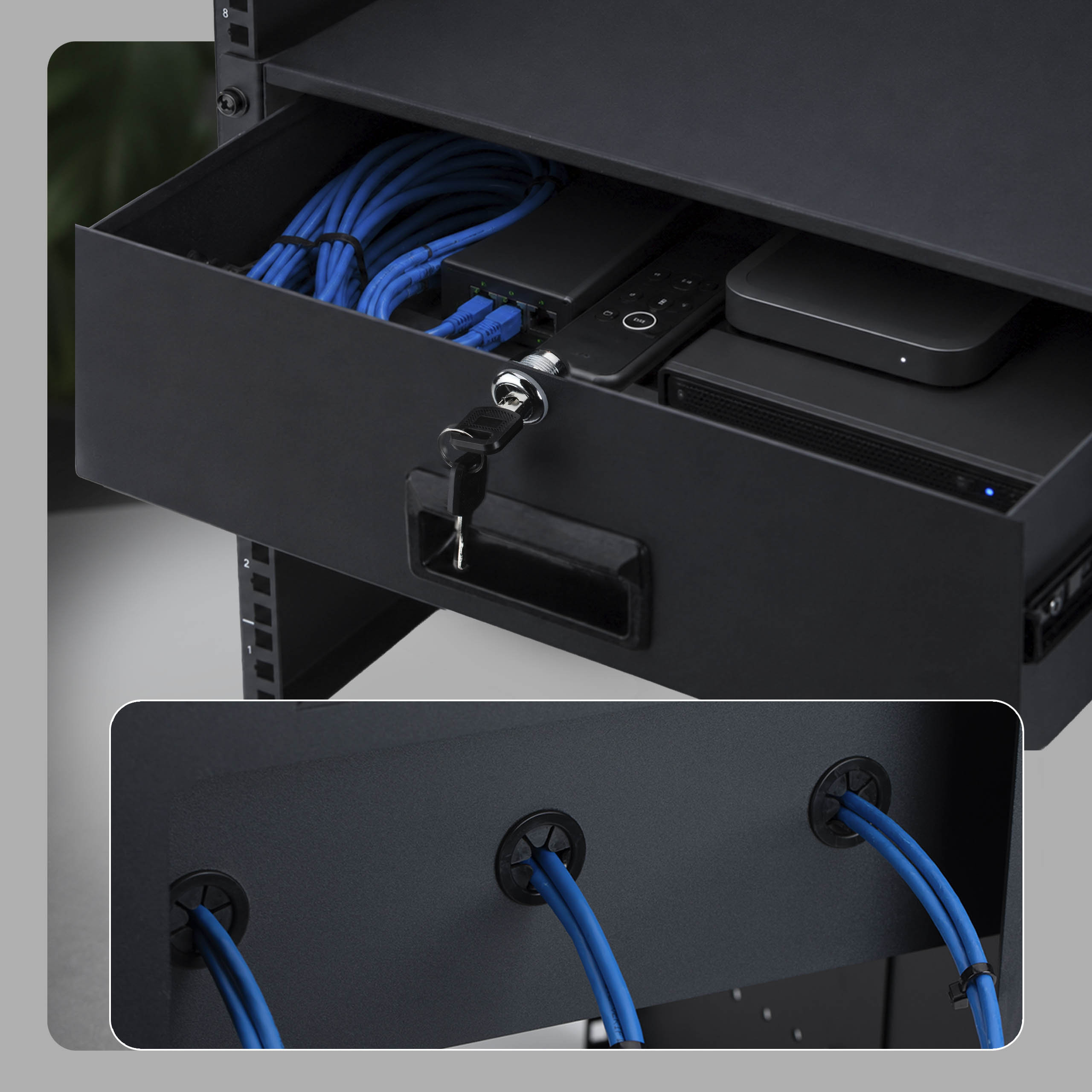 StarTech.com Startech - Rack Storage Drawer - rear cable pass-through holes, keys included, lockable, steel, 10 kg capacity - Vorderseite - Schrankmontage, Rack montierbar - Schwarz - 2U - 48.3 cm (19")