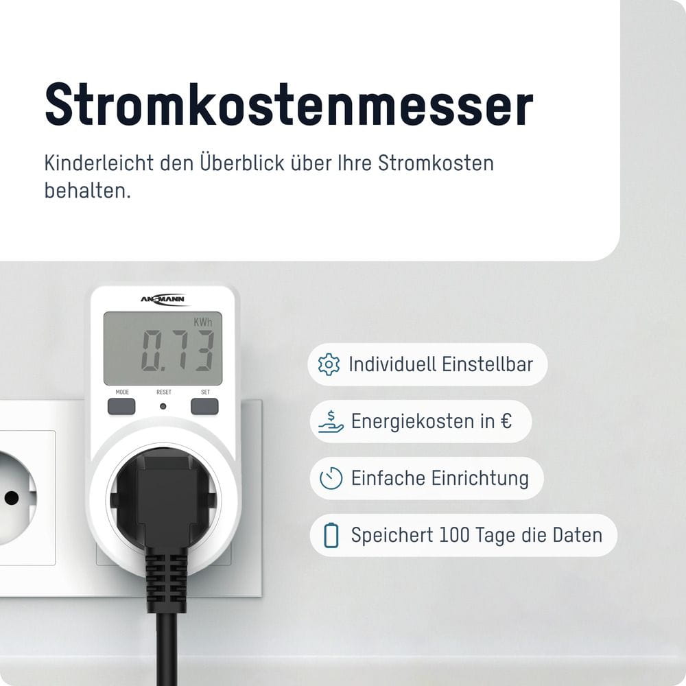 Ansmann Energiekosten Messgerät APM1, Einphasige Zähler-Steckdose, Ringlos, Einzelne Position, Wohnen, Drinnen, Unterputzmontiert