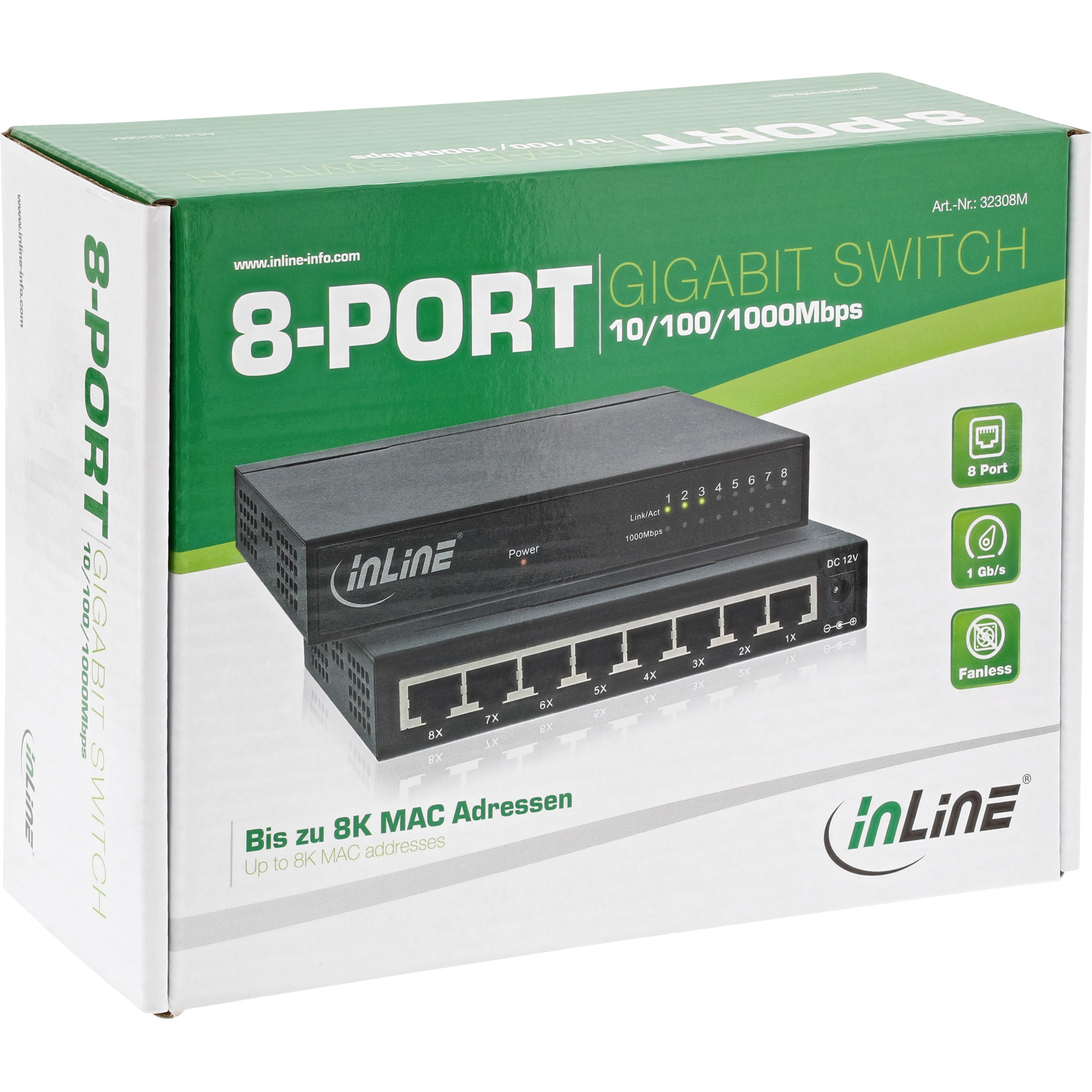 InLine 8-Port Gigabit Switch - 1 Gb/s - Desktop - Metallgehäuse - lüfterlos