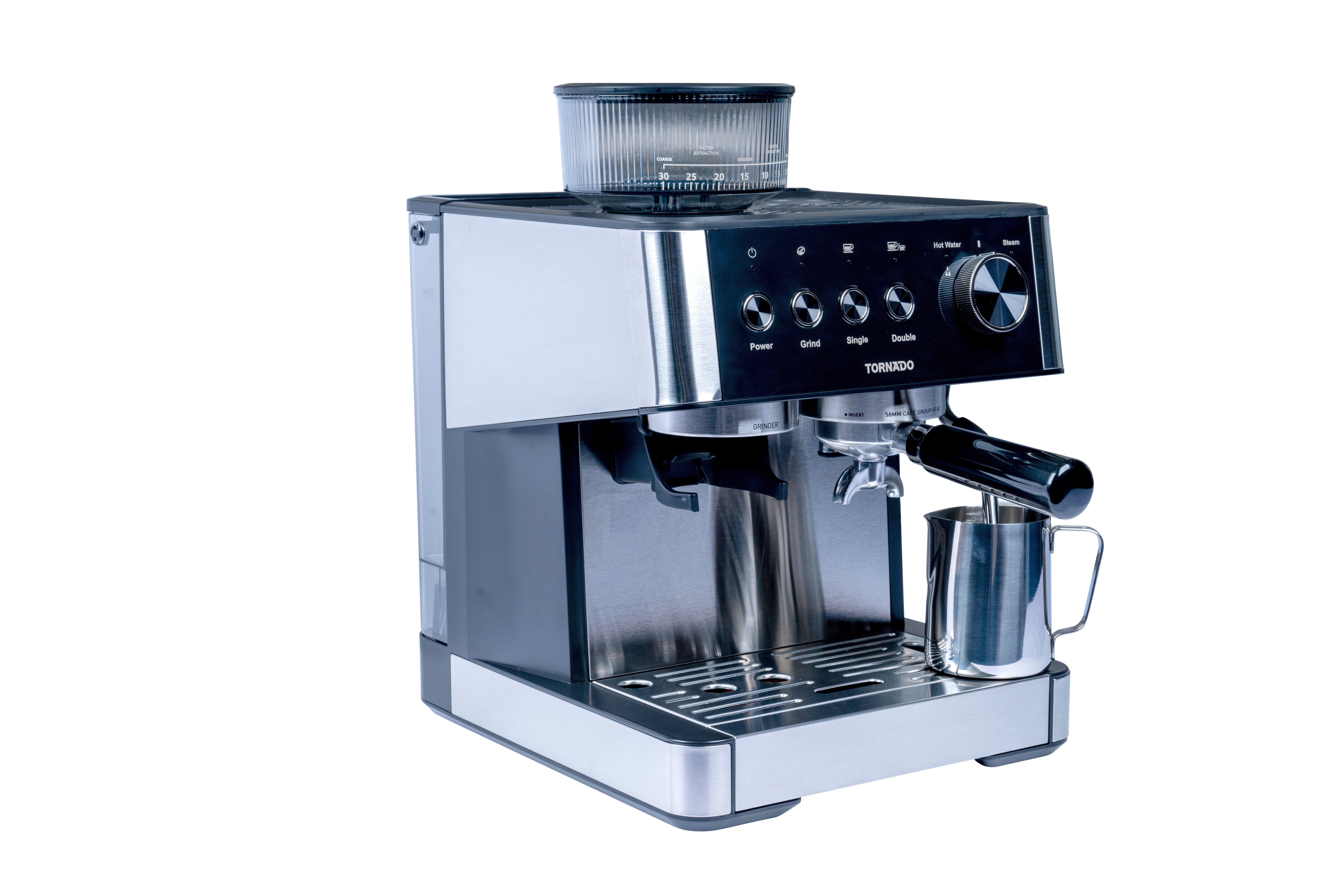 Tornado 20 Bar Siebträger-Kaffeemaschine TCM5431-GS. Ein Kraftpaket an Präzision und Innovation. Mit einer Kapazität von 270 Bohnen und einem 2,3-Liter-Wassertank, Espressomaschine, 2,3 l, Kaffeebohnen, Gemahlener Kaffee, Eingebautes Mahlwerk, Silber