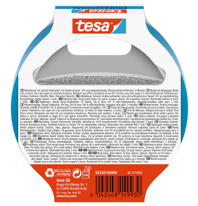 Tesa 56250-00000-03, Blau, Maskierung, Lösungsmittelbeständig, 25 m, 38 mm, 1 Stück(e)
