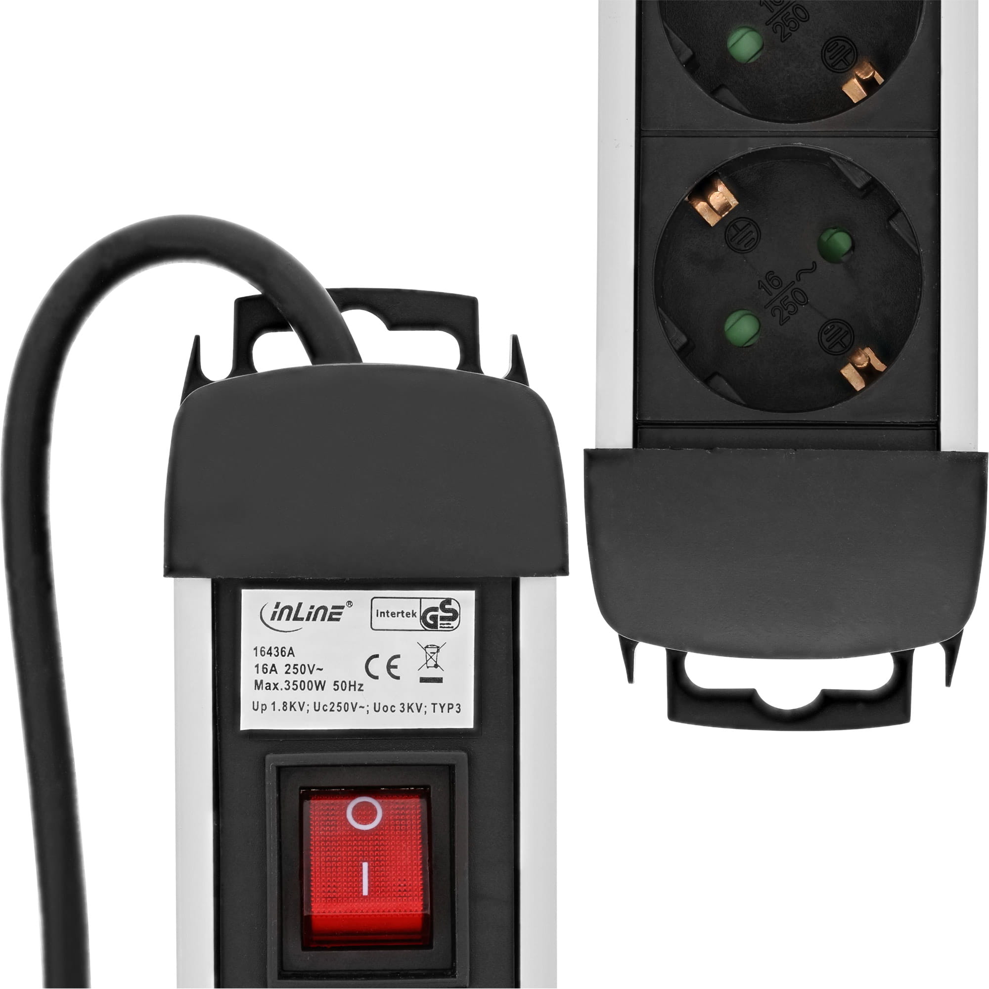 InLine Steckdosenleiste Alu - 6-fach Schutzkontakt - mit Ü-Schutz - Schalter - 1,5m