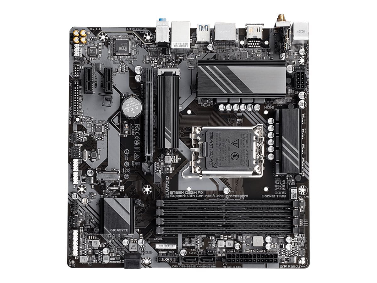 Gigabyte B760M DS3H AX - 1.X - Motherboard - micro ATX - LGA1700 Sockel - B760 Chipsatz - USB-C 3.2 Gen2, USB 3.2 Gen 1 - 2.5 Gigabit LAN, Wi-Fi 6E, Bluetooth - Onboard-Grafik (CPU erforderlich)